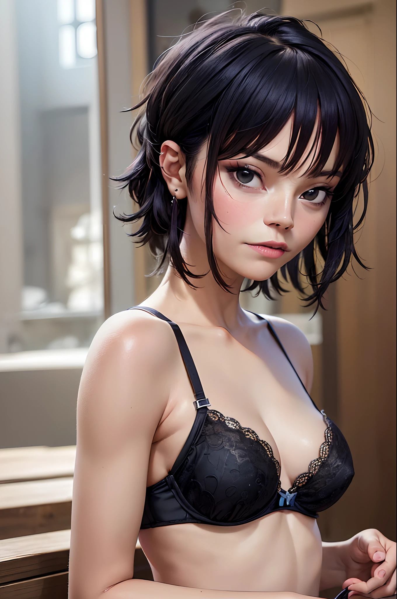 (masterpiece, best quality:1.2),  noodle (gorillaz), black hair, 1girl, short hair, streaked hair, black eyes, multicolored hair, looking at viewer,  bangs,  parted lips, breasts, small breasts,  bob cut, blush, lipstick, An amazing ((((8k, RAW photo, best quality, masterpiece:1.2), (realistic, photo-realistic:1.37), ultra high res))) ((full body)) photo of (((a Caucasian woman, (black hair, bra), wearing a ((qos-thong)), 1girl)), (small waist, small breasts), (muscled), (visible face, visible breasts), (perfect skin), (perfect face:1.2), (beautiful eyes), (perfect eyes), (beautiful skin), (beautiful face:1.2), (seductive face), sfw:1.3), ((indoors:1.7, seductive pose, pinup)), (looking at the viewer:1.3), (masterpiece:1.2) (best quality) (detailed) (intricate) (8k) (HDR) (wallpaper) (cinematic lighting) (sharp focus), portrait, extreme closeup