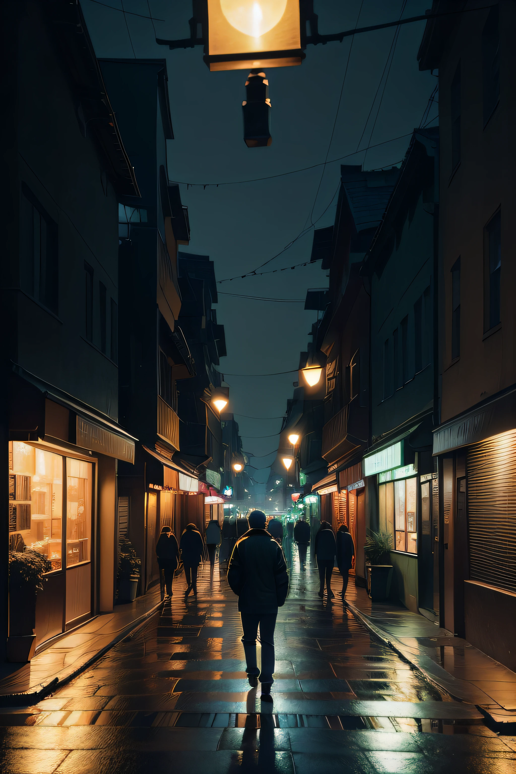 Night view of the city at night,high-definition picture quality,dream colors,a warm color palette,Soft light,detail-rich,A drizzle,Street lights illuminate,Pedestrians hurry,Character backs,Deep street images,Loneliness and loneliness in the night' Someone called him。