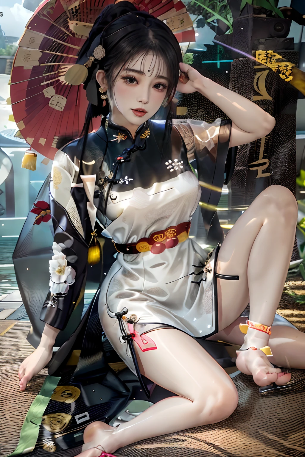 randome pose, (extremely delicate and beautiful work), (masutepiece), 1girll, (qipao dress:1.7), (legs are exposed:1.7), (Show feet:1.7) ,Cute, Narrow waist, very slender legs, Highly detailed, waist leaking, ponytail contorted, fascinated expression, Beautiful and clear eyes, green eye pupil, delicate necklaces, Delicate earrings, Simple blurred background, extreme detail description, Beautiful, Charming, Ultra-fine painting, Delicate face, Delicate figure, thin clavicle, Lovely lips, Beautiful breasts, soft behind,Spread your legs apart,(8K, Raw photo, Best Quality, masutepiece:1.2), (Realistic, Photorealsitic:1.37),1girll,Cute,Beach, Night, Rain, Wet, Professional Lighting, photon maping, Radio City, Physically-based rendering,