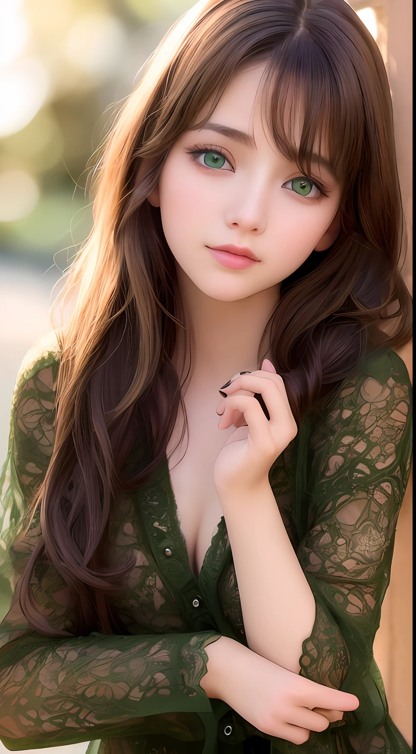 best quality, masterpiece, 1girl, Beautiful face, (green eyes), (brown hair), (photo realistic:1.3), rim lighting, (high detailed skin:1.2), 8k uhd, dslr, high quality, high resolution, 4k, 8k, Bokeh, absurdres, best ratio four finger and one thumb, (realistic:1.2), ulzzang, cute kawaii 1girl,