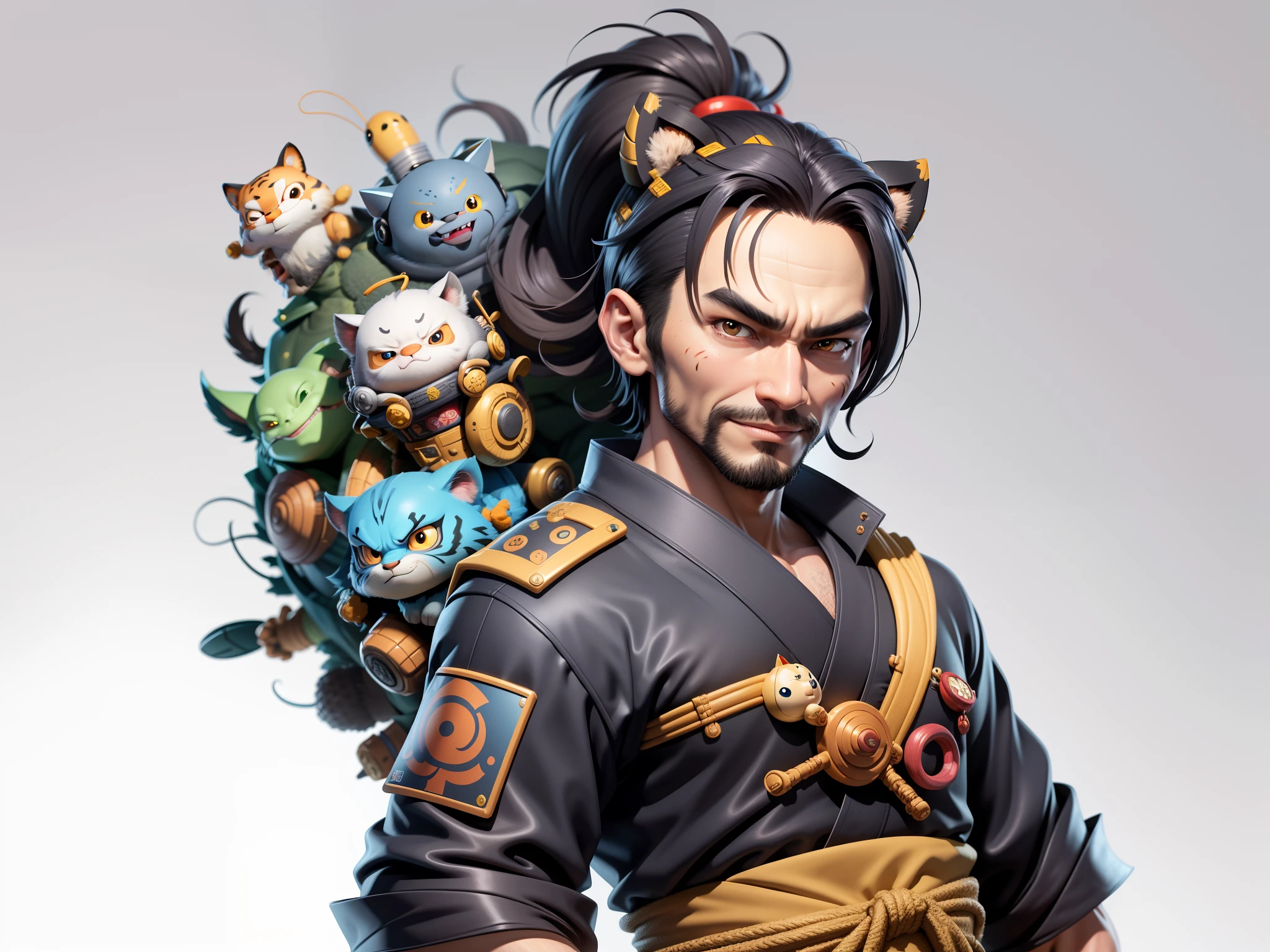(Daisaku),(Need),(Super meticulous),(full bodyesbian:1.2),Super young man with Japanese geisha,Beautiful,orient,one tiger,Aeolian Thor,Raised sexy,爆乳,Oriental face,TV Anchor,Bust portrait illustration,In black suit,a blue tie,The face is slightly chubby,The face was clean,without a beard,Black super short hair,Black eyes,Smile confidently,3C computer sub-products,iPad, iphone,Digital painting,3D character design by Mark Clairen and Pixar and Hayao Miyazaki and Akira Toriyama,The illustration is a high-definition illustration in 4K resolution,With very detailed facial features and cartoon-style visuals。