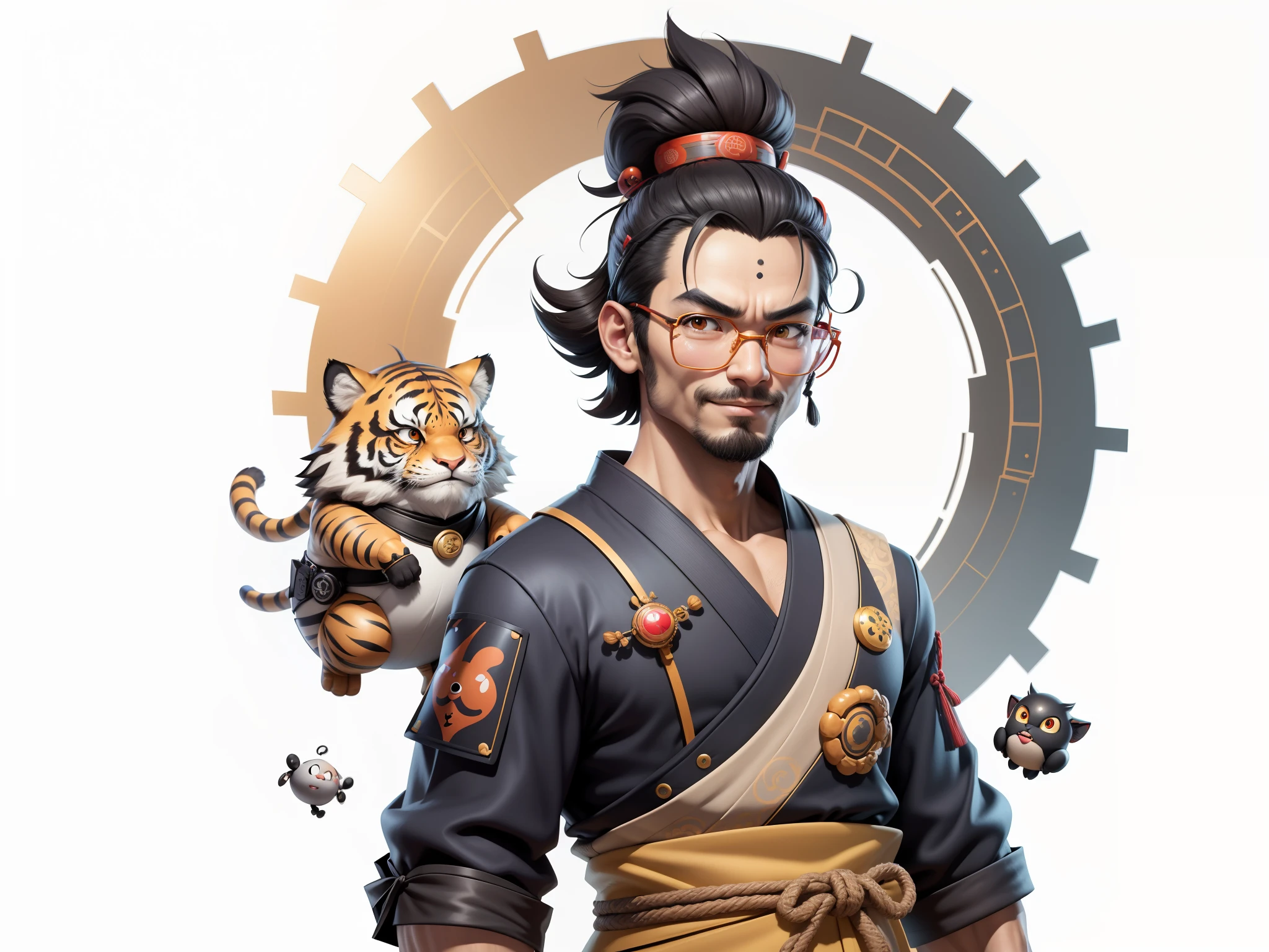 (Daisaku),(Need),(Super meticulous),(full bodyesbian:1.2),Super young man with Japanese geisha,Beautiful,orient,one tiger,Aeolian Thor,Raised sexy,爆乳,Oriental face,TV Anchor,Bust portrait illustration,In black suit,a blue tie,The face is slightly chubby,The face was clean,without a beard,Black super short hair,Black eyes,Smile confidently,3C computer sub-products,iPad, iphone,Digital painting,3D character design by Mark Clairen and Pixar and Hayao Miyazaki and Akira Toriyama,The illustration is a high-definition illustration in 4K resolution,With very detailed facial features and cartoon-style visuals。