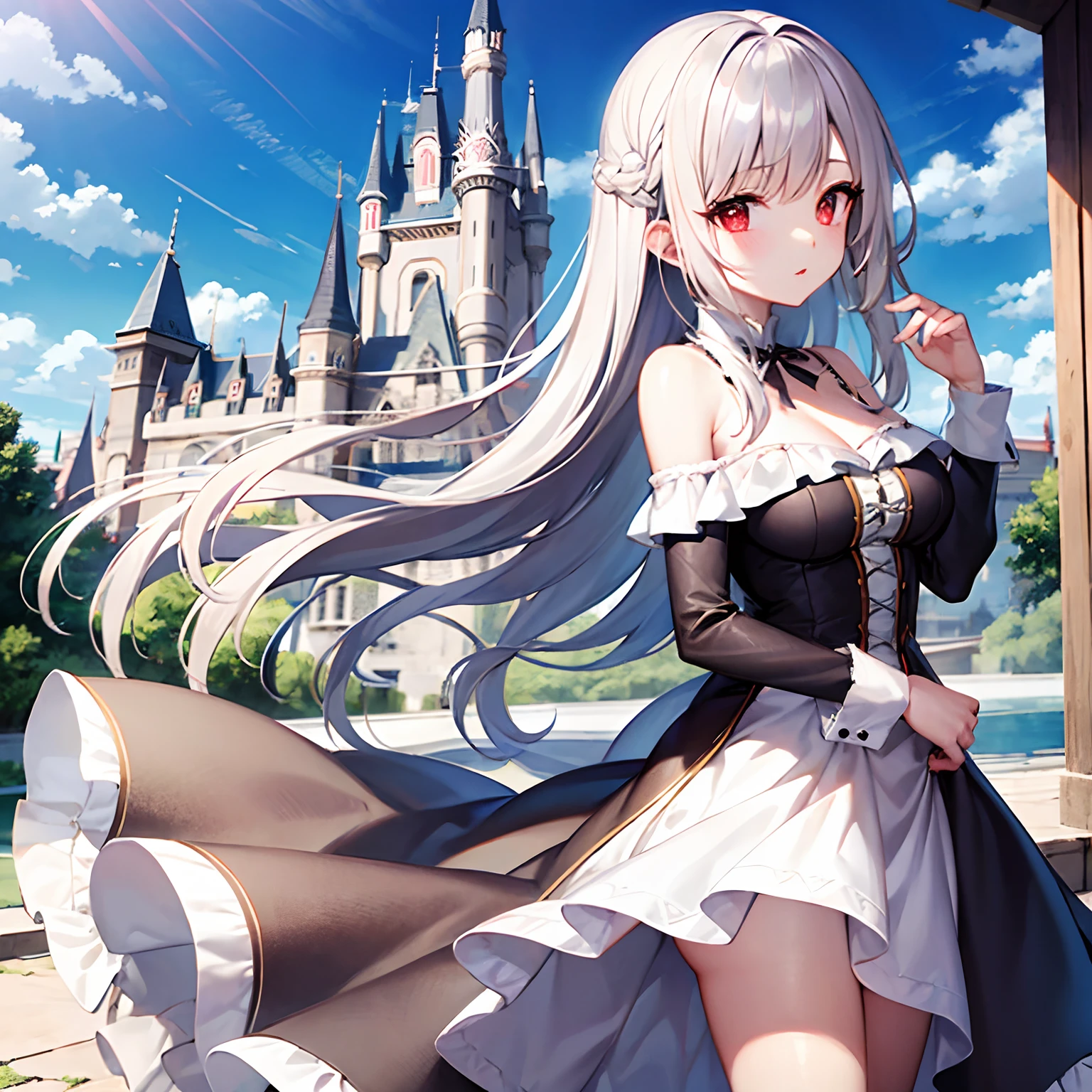 silber hair、red eyes、Beautiful girl alone、Fluffy dresses、off shoulders、Western-style castle