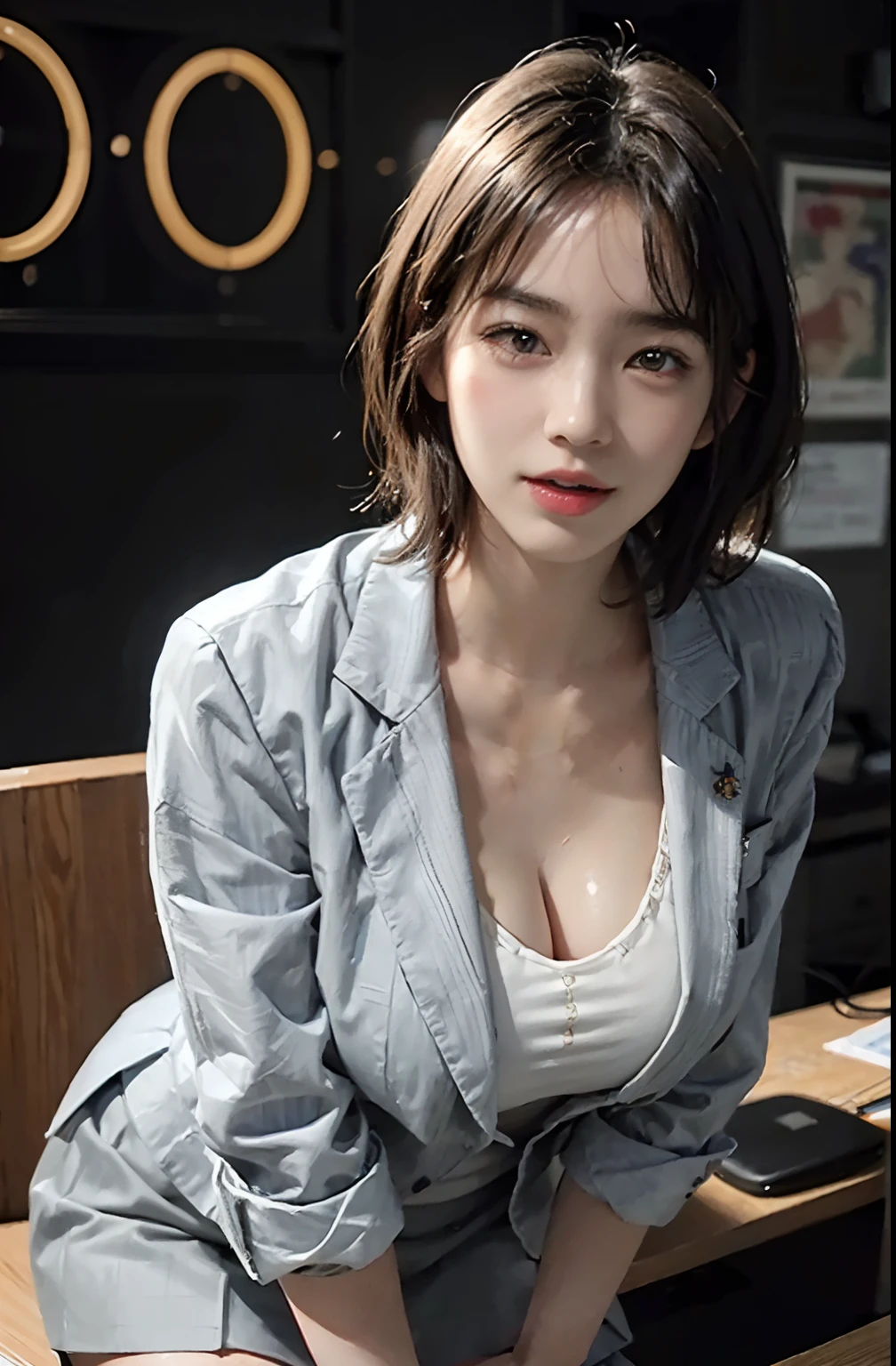 (A hyper-realistic), (illustratio), (hight resolution), (8K), (ighly detailed), (The best illustrations), (beatiful detailed eyes), (top-quality), (ultra-detailliert), (masterpiece), (wall-paper), (detailed face), droopy eyes,full of sweat, full body, long legs,Armpit,short-hair,inner colored,solo, big breast, cleavage, japanes, Colossal tits、A smile, wearing grey blazer, grey short skirt, office uniform, street with neon lights