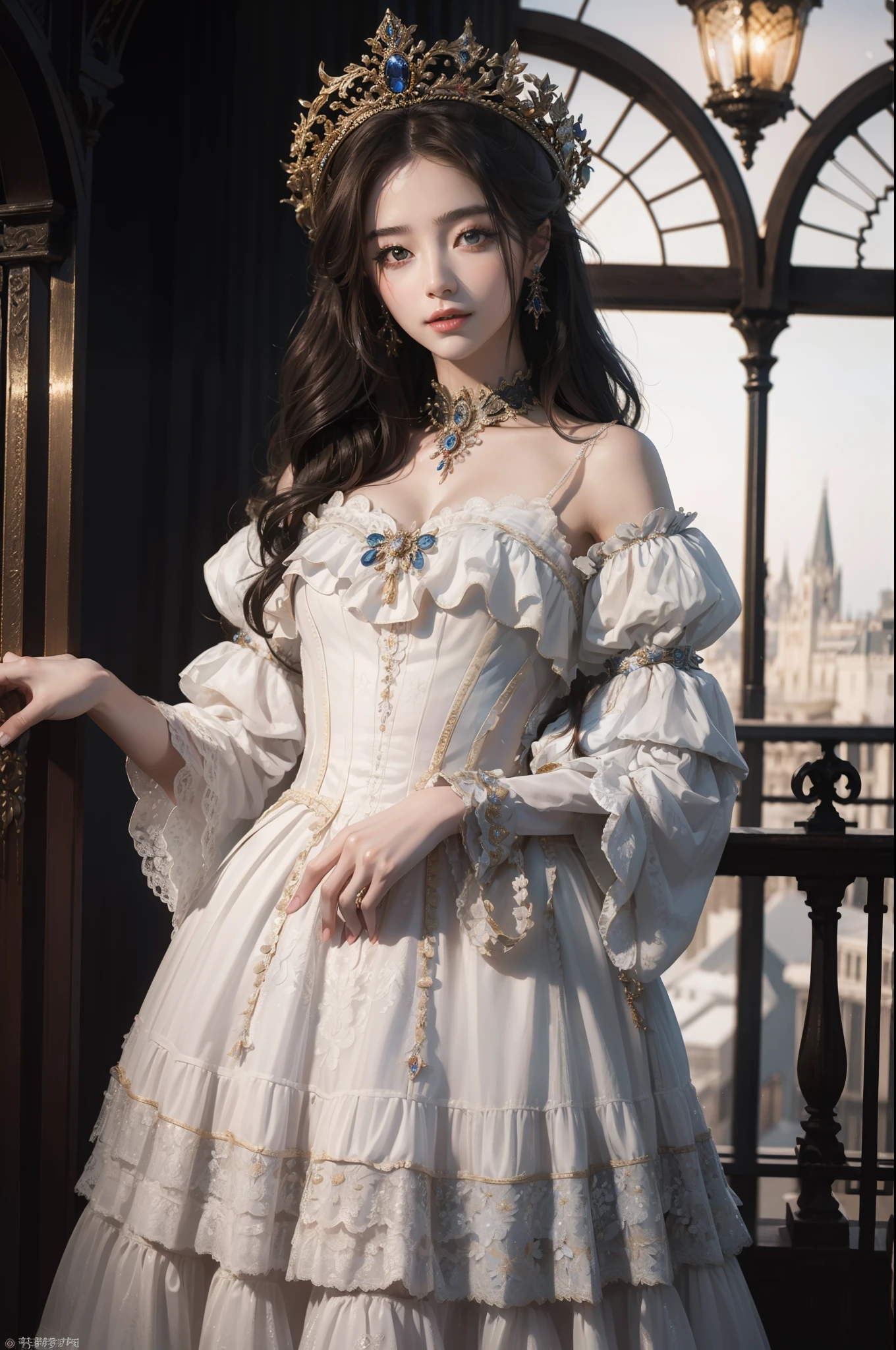 ((top-quality、​masterpiece、photographrealistic:1.4、8K))、1 beautiful detailed girl、extremely detailed eye and face、beatiful detailed eyes、（Complex luxury red dress in medieval European style、Luxurious brimmed hat in medieval European style）、Luxury accessories、Elegant smile、natta（Depict a scene of a princess standing on the balcony of a castle。Hair swaying in the wind and a dress complement her noble vibe。）、Cinematic lighting、Textured skin、Super Detail、high detailing、High quality、hight resolution、（looking at the viewers）、Petals flutter