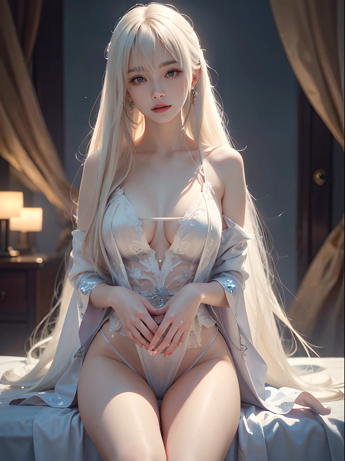Platinum blonde and fine hair、Super long silky straight hair、Bangs on the face and eyes、wide blue eyes、Clear white wet dressing gown、Nordic youth、perfect bodies、very beautiful and cuddly、White muscle、glowy skin、Young and beautiful skin、Perfect beautiful little face、Bright makeup、Thin pink lips、bright expression、1 15 year old girl、(opening legs:1.2),(full bodyesbian),Complete body,upper legs,The perspective of the genitals,(detailed breast),(Detailed ),See-through chest,Look through clothes,Barefoot,Unbuttoned shirt、lipsticks、Deceptive advertising、{steams}、Audience view、Golden hour lighting、Bokeh atmosphere perspective、detaileds、Movie light、intricately details、A high resolution、 Detailed features of the facial design、High details、Clear focus、Smoothness、Aesthetics、Printed、octane、{{tmasterpiece}},NSFW,