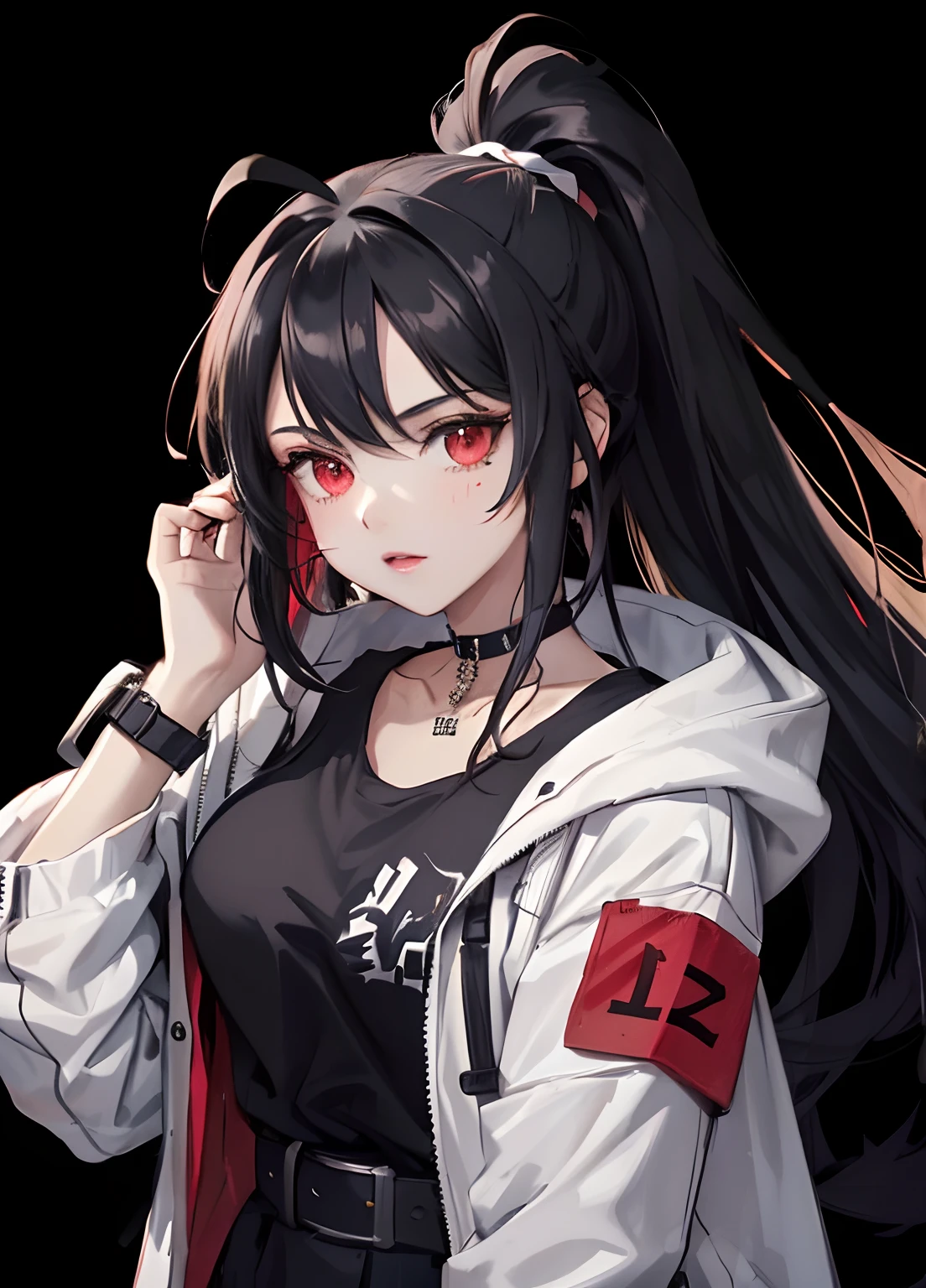 (Masterpiece, Best quality, 1girll, Solo, Intricate details, color difference),
Long hair, Black hair, Messy hair, red highlights, Red eyes,,
choker necklace, Neon shirt, torn legwear, Open jacket,
against a wall, brick walls, scribbles, Dim lighting, alley，huge tit