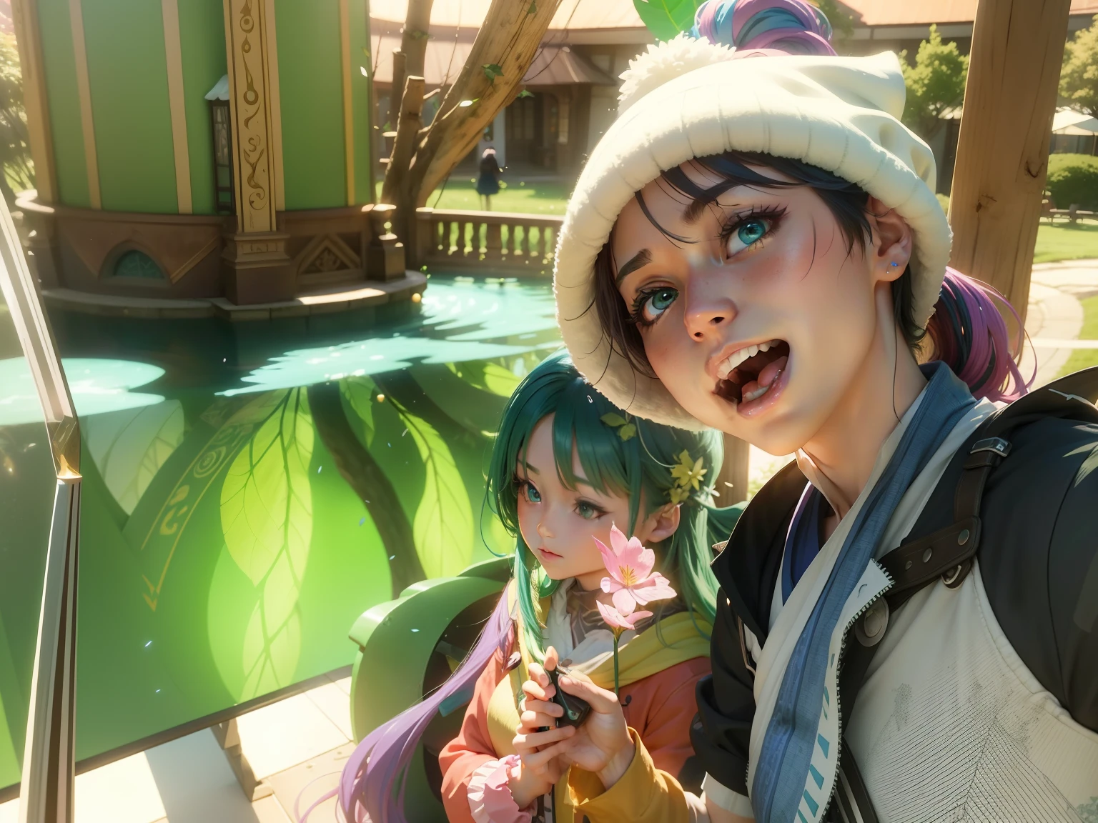 1. "Anime girl with vibrant hair colors (blue, pink, green), wearing a stylish outfit and striking a dynamic pose against a scenic background. The artwork should be high-resolution and detailed, like a masterpiece. Add a touch of magical elements like floating objects or shimmering lights."
2. "Create an ultra-detailed anime landscape wallpaper with breathtaking scenery. Use vibrant colors, including splashes of blue and green, and incorporate dynamic elements like moving leaves, wind-blown petals, and volumetric lighting. Aim for the highest quality and stunning illumination."
3. "Design an anime artwork featuring a beautiful character surrounded by a colorful forest. Apply depth of field to create a sense of perspective, and add many flying drops of water for a whimsical touch. Include toys scattered around the scene to enhance the playful atmosphere, along with vibrant leaves and grasslands. Optimize the image for ultra-detailed CG quality and masterful illumination."
