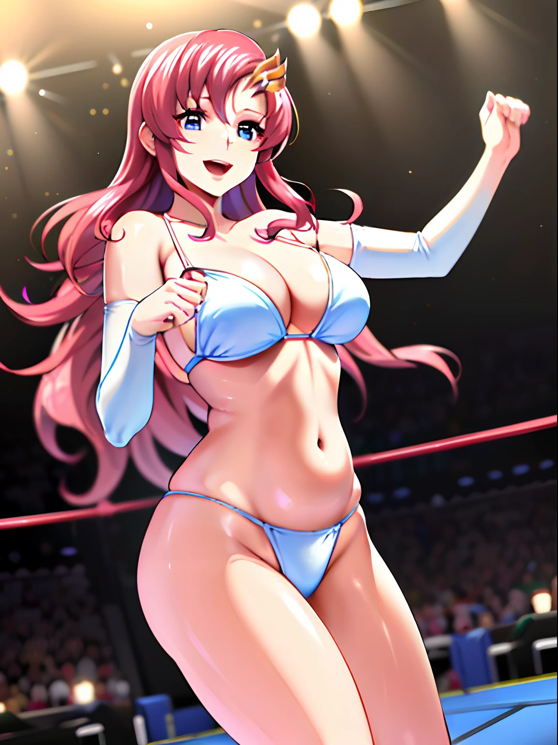 (masutepiece, 4K, Best Quality, Anime style: 1.9, (Solo), High color saturation, (wrestling ring background, wrestling stage), Detailed face, tall, Adult Woman, lovely, (White background), high resolution, Anime, lacus4. (White micro bikini with pink design), 1girl in, Solo, curvy figure, Long hair, 鎖骨, scapular, Wavy Hair, Detailed wide hair bangs, medium thighs, Hair Ornament, Detailed reddish-pink hair, cleavage, large hands, Big blue eyes, Off-shoulder, (white elbow pad), medium breasts, Smile, open mouth very much, very slim belly, Dancing, Very happy