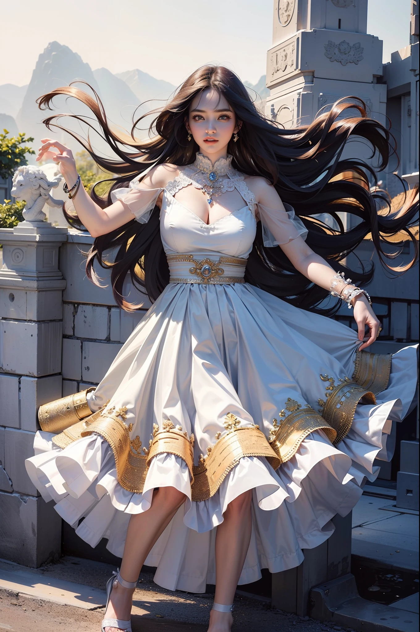 ((top-quality、masterpiece、photographrealistic:1.4、8K))、1 beautiful detailed girl、extremely detailed eye and face、beatiful detailed eyes、(Lots of floral dresses、Princess)、Luxury accessories、Elegant smile、natta、(Flowery hills and mountains in the background)、Cinematic lighting、Textured skin、Super Detail、high detailing、High quality、hight resolution、(looking at the viewers)、full body Esbian、europian