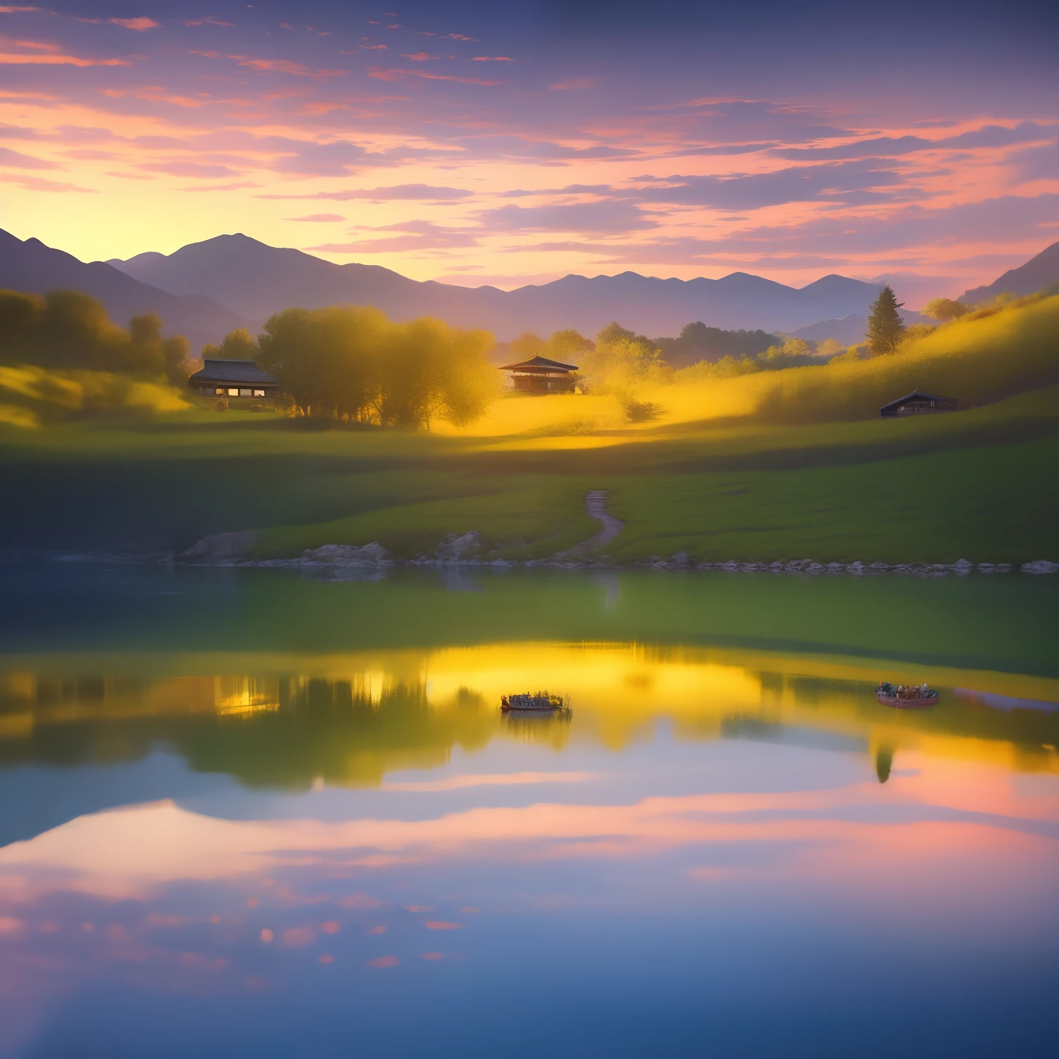 lakes,evening light,Sunset,The surface of the lake is golden,There are low peaks across the lake,A fishing boat,The fisherman is casting his net