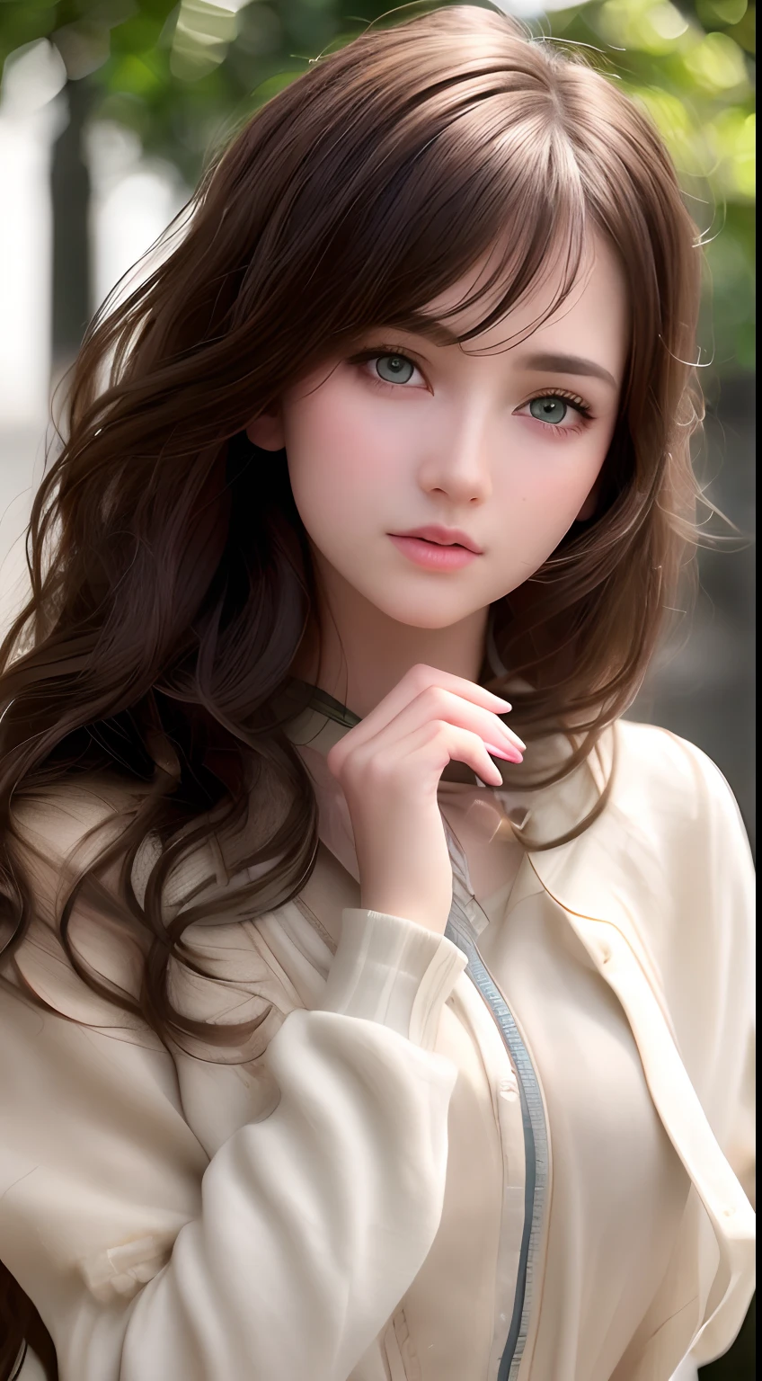 best quality, masterpiece, 1girl, Beautiful face, (green eyes), (brown hair), (photo realistic:1.3), rim lighting, (high detailed skin:1.2), 8k uhd, dslr, high quality, high resolution, 4k, 8k, Bokeh, absurdres, best ratio four finger and one thumb, (realistic:1.2), ulzzang, cute kawaii 1girl,