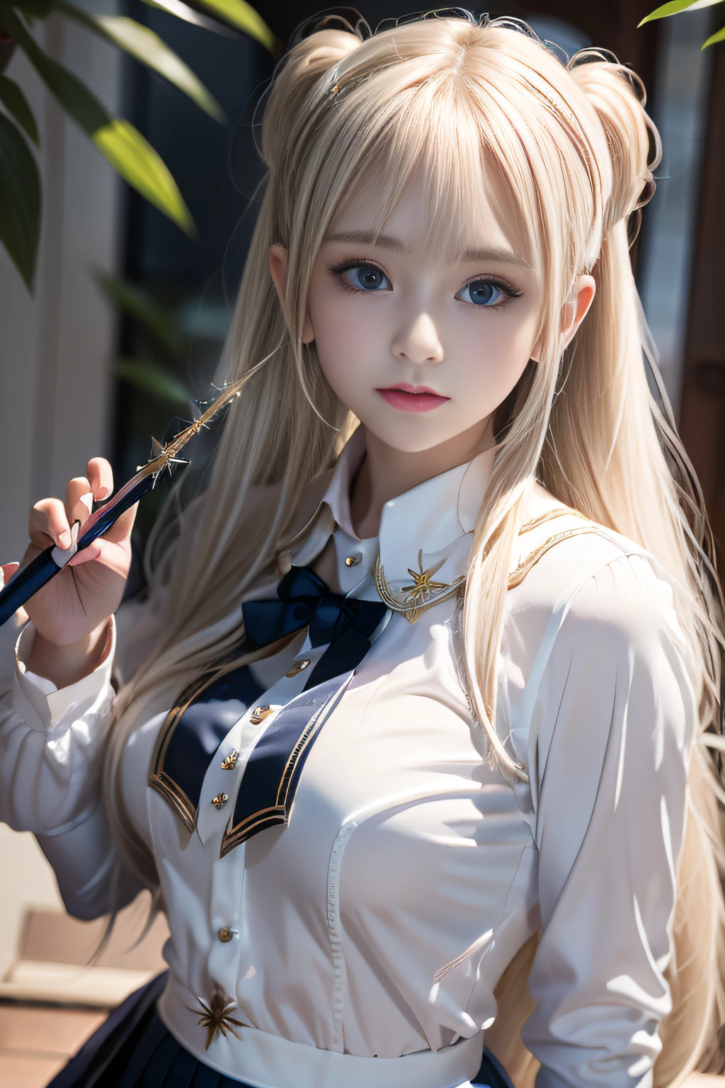 bright expression、poneyTail、Young shiny shiny white shiny skin、Best Looks、Blonde reflected light、Platinum blonde hair with dazzling highlights、shiny light hair,、Super long silky straight hair、Beautiful bangs that shine、Glowing crystal clear attractive big blue eyes、Very beautiful nice cute girl、Lush bust,Beautiful detailed eyes, beautiful detailed nose,(( Full body:1.25)),Makeup that the eyes emphasize、((Mini pleated skirt with many folds)),(Women like Joan of Arc)、Knights,,Royal style,Comic style, , Sub-surface scattering, ornate detail, nature backdrop, Hyper-realistic, Cinematic, Dramatic Lighting, masutepiece、(((holding a magic wand:1.5)))、fluffy hair、Ultra-exposed cleavage、You can see the power of the spirit around the body、cart、magia、majutsu、White lacy camisole、