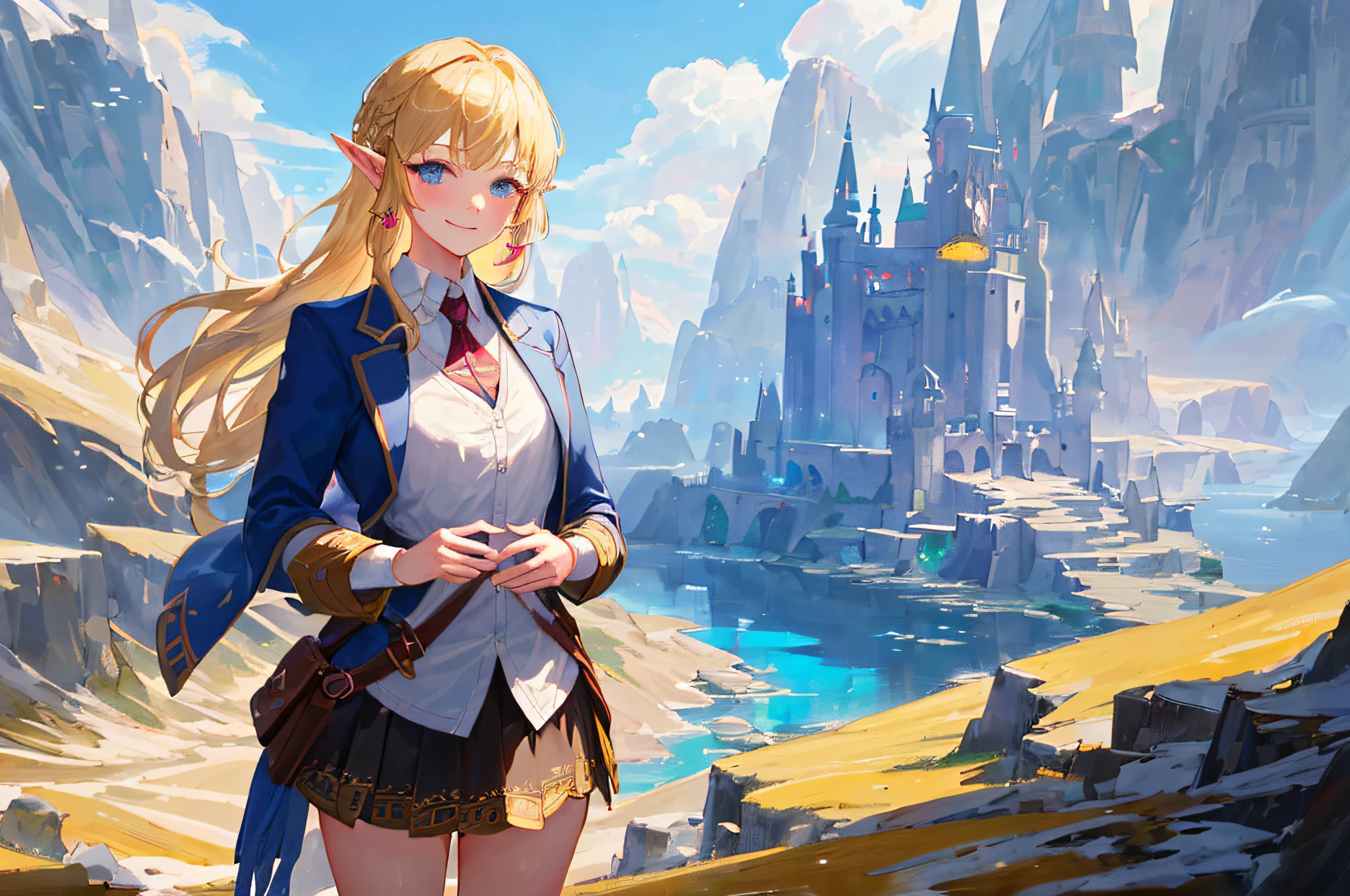 (masterpiece, best quality, excellent quality), ((1girl, solo, cowboy shot)), dress, microskirt, blazer, white shirt, closed mouth, light smile, looking at viewer, (fantasy landscape, fictional landscape) princess zelda, blonde, blue eyes, legend of zelda, elf