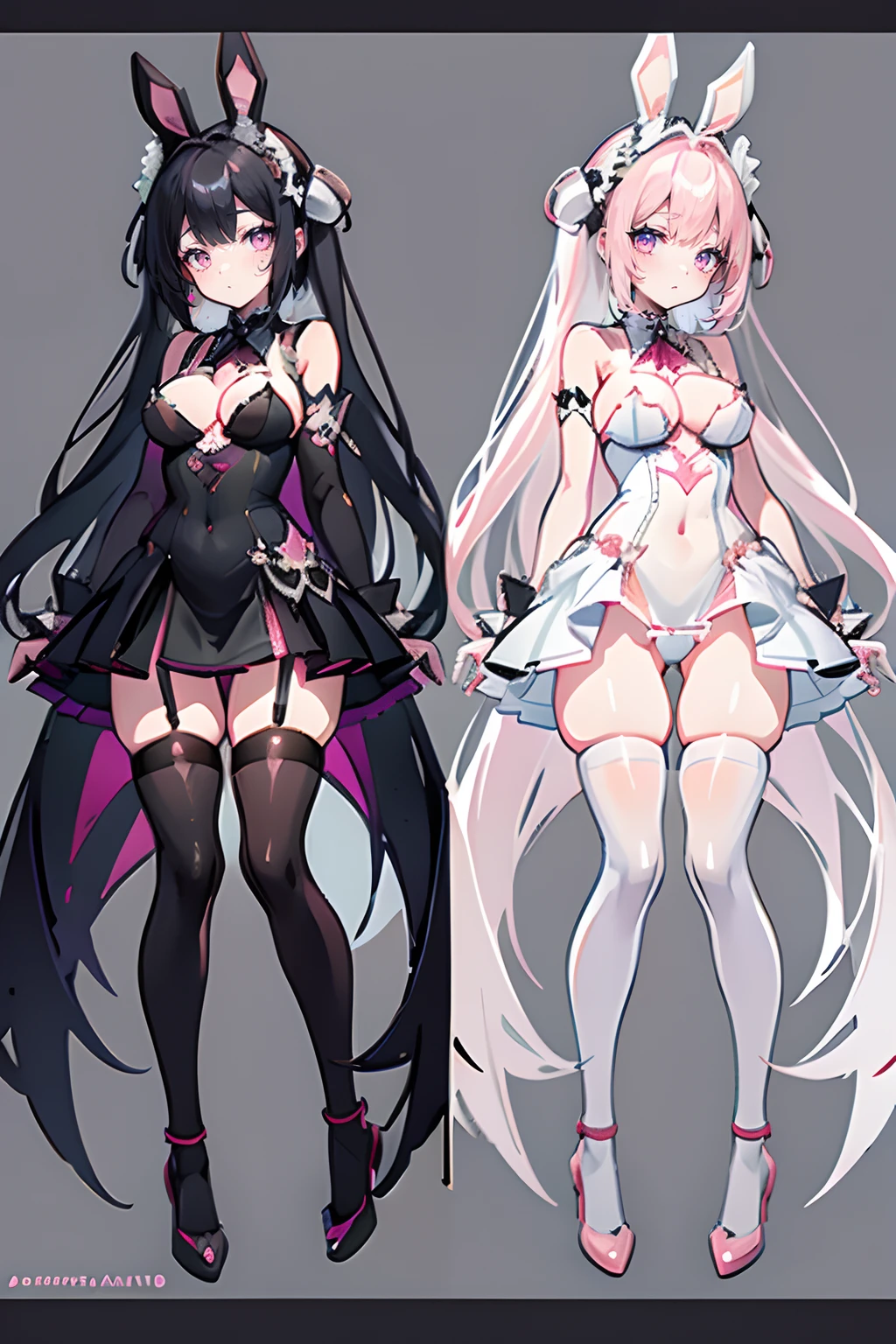 gothic outfit, white and pastel pink bunny outfit with lots of skin, white ripped stockings, multiple angle character concept, bondage themed outfit, succubus wings, pixiv, sexy outfit cute character design
