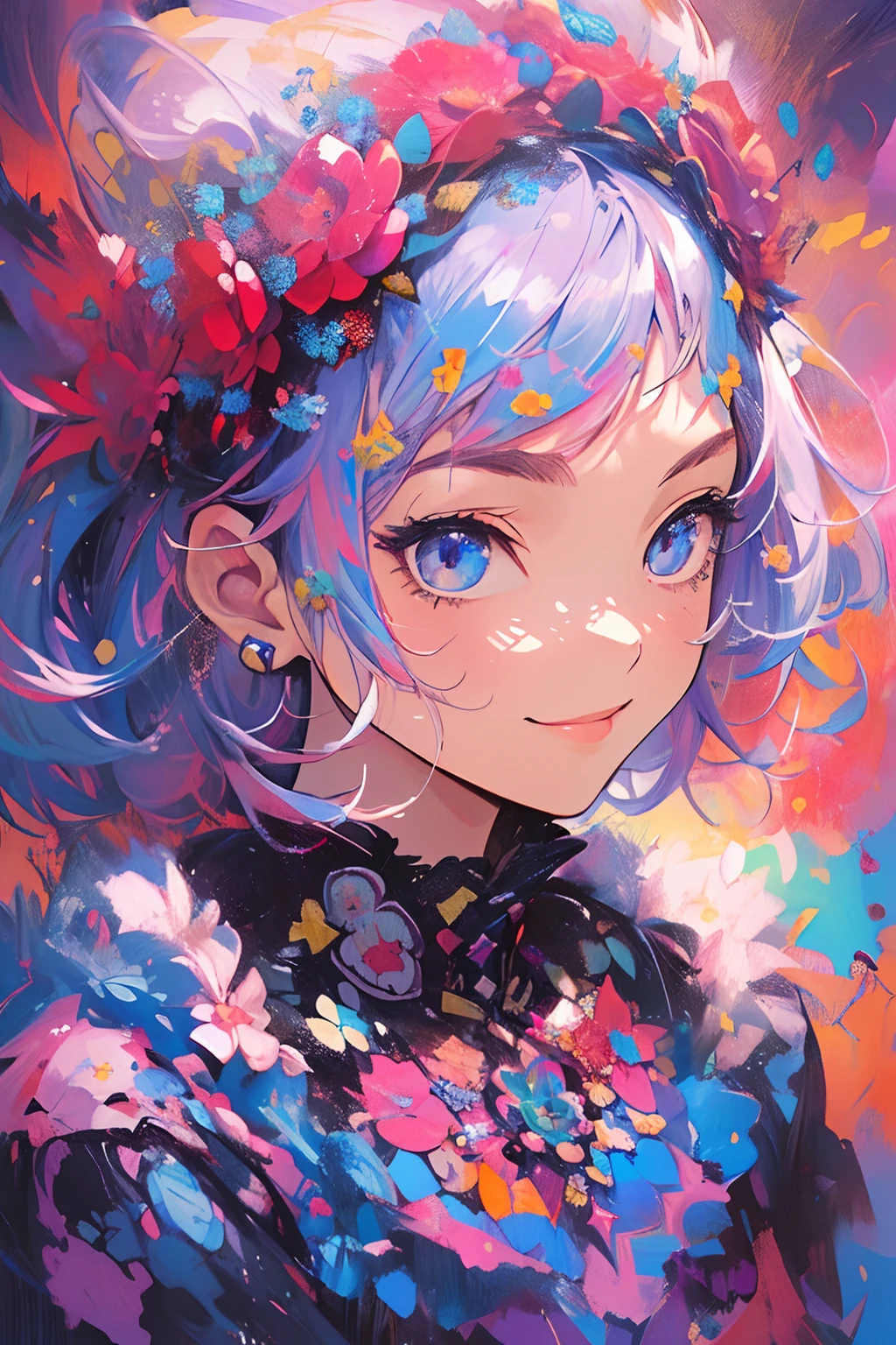 ((flowercrown)),Contemporary art created by tracing traces of colorful ink、​masterpiece、ultra-detailliert、pop-art、innocent smiles、eye glass、(1 girl, Solo:1.6),(Cute smile), (Best Impact:1.5), (maximalism:1.7), Vivid contrast, (Realistic), hyperrealistic illustrations, hight resolution, ultra-detailliert, absurderes,(Fractal Art:1.3)、One Piece Appearance、Random hairstyle、Random hair color colorful、FULL BODYSHOT、Retro、Precise focus、randome pose、cinema4d、Drama