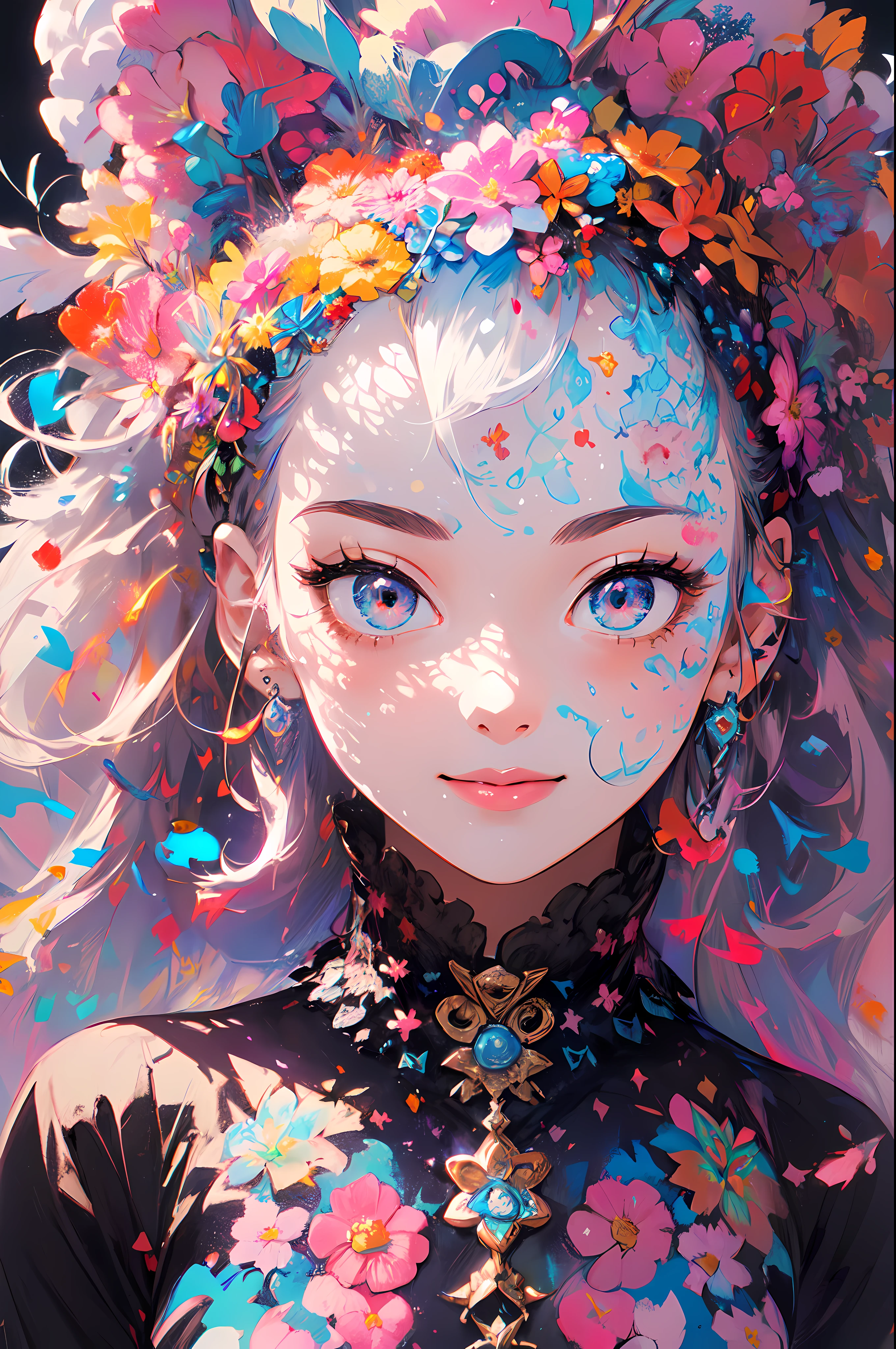 ((flowercrown)),Contemporary art created by tracing traces of colorful ink、masterpiece、ultra-detailliert、pop-art、innocent smiles、eye glass、(1 girl, Solo:1.6),(Cute smile), (Best Impact:1.5), (maximalism:1.7), Vivid contrast, (Realistic), hyperrealistic illustrations, hight resolution, ultra-detailliert, absurderes,(Fractal Art:1.3)、Random hairstyle、Random hair color colorful、FULL BODYSHOT、Retro、Precise focus、randome pose、cinema4d、Drama