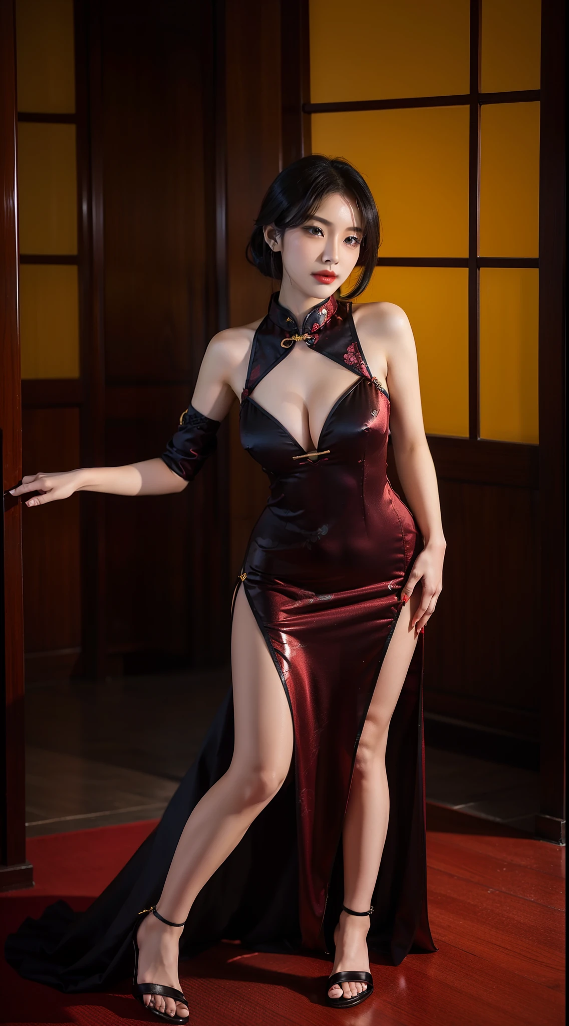 Cheongsam with slit、1girl in、full body Esbian、A sexy、25-years old、cleavage of the breast、makeup、