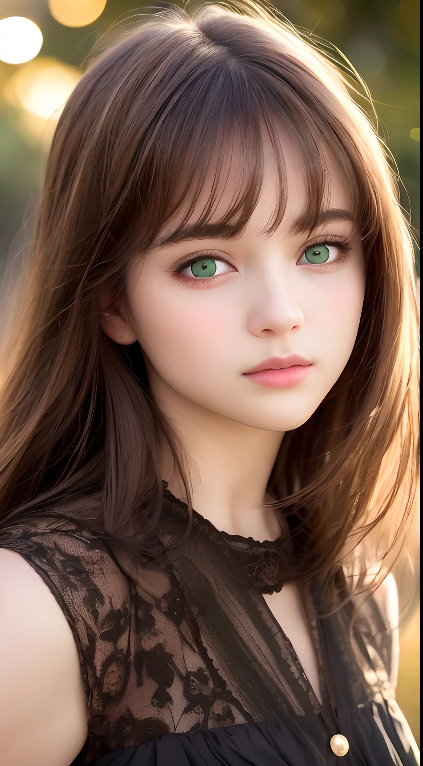 best quality, masterpiece, 1girl, Beautiful face, (green eyes), (brown hair), (photo realistic:1.3), rim lighting, (high detailed skin:1.2), 8k uhd, dslr, high quality, high resolution, 4k, 8k, Bokeh, absurdres, best ratio four finger and one thumb, (realistic:1.2), ulzzang, cute kawaii 1girl,