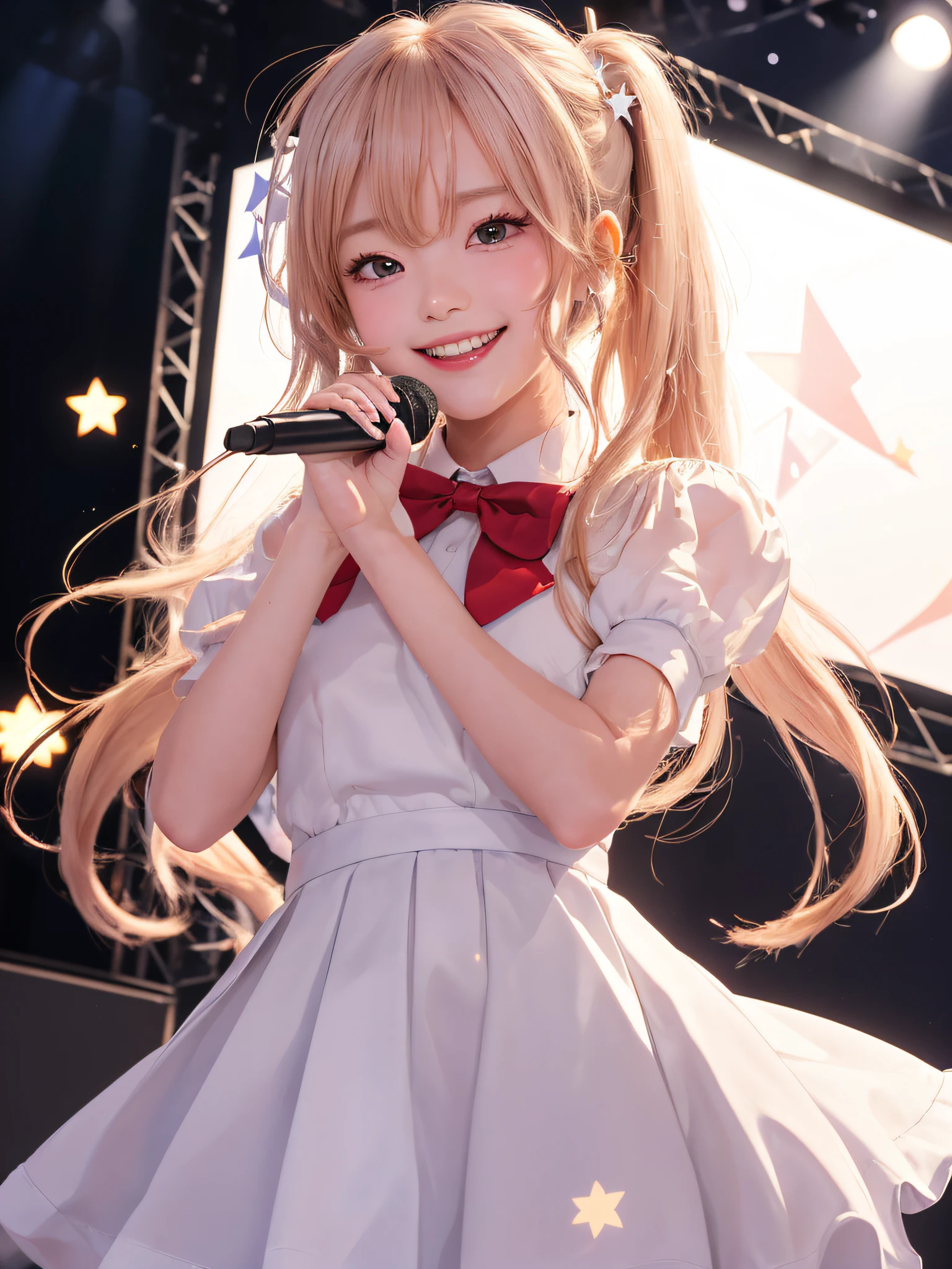 idol uniform , mic , stage , master piece , best quality , detailed , bangs , woman ,flat chest, smile
