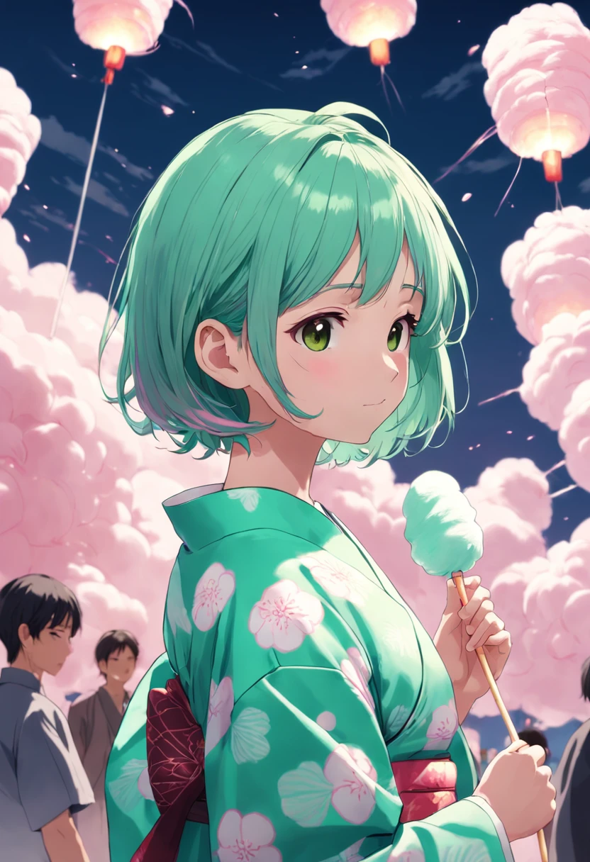 Short-haired girl in yukata enjoying cotton candy at a festival。Hair color is green。Cute yukata design and、Express your image in a cute pose。