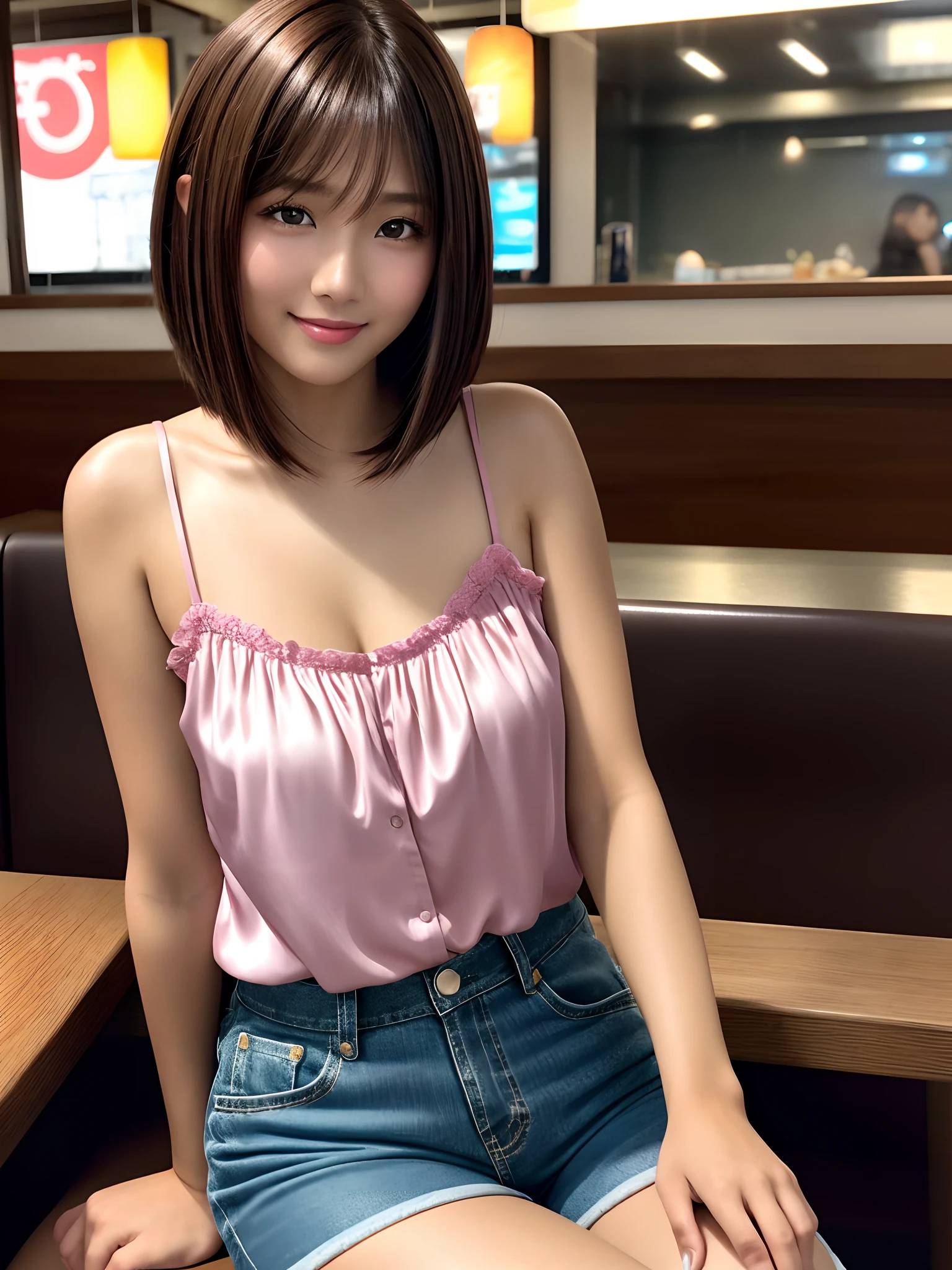 product quality, 1 girl, a cowboy shot, front view, a Japanese young pretty girl, bob hair, sitting alone on a chair in a crowded hamburger restaurant in front of a table, having a hamburger in her hand, a juice on the table, glamorous figure, wearing a satin pink camisole, wearing short pants, a big smile, hyper cute face, glossy lips, double eyelids for both eyes, natural makeup, shiny smooth light brown bob hair, asymmetrical bangs, tanned skin, central image, high resolution, high detailing, detailed hairstyle, detailed face, cinematic lighting, octane rendering, vibrant, hyper realisitic, perfect limbs, perfect anatomy