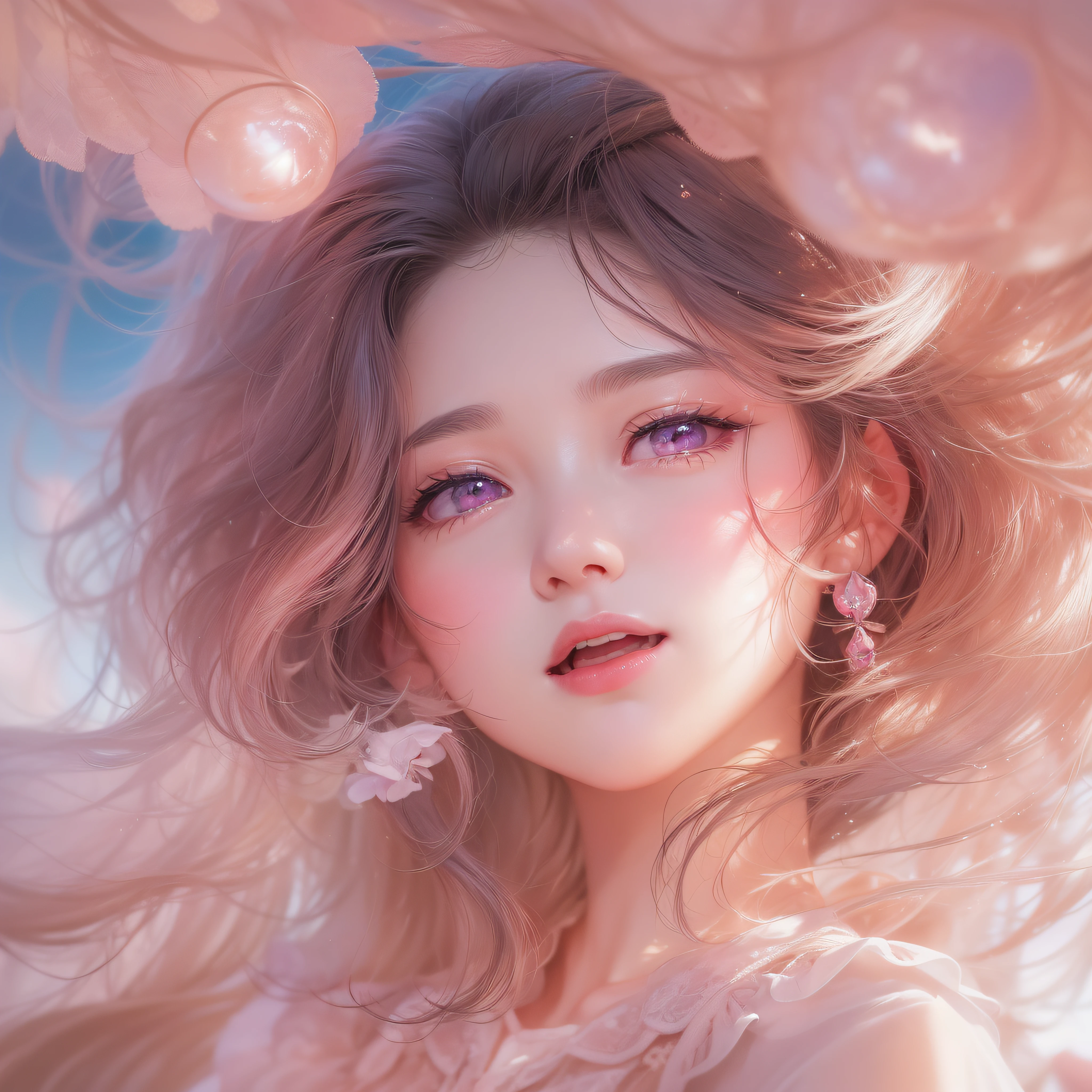 Close up of smiling face with open mouth、(realisitic、hight resolution)、(1 girl in)、Do-Up Eye、Korean Girl、(Best Quality), (masutepiece), (1girl in), Solo, a beauty girl, Perfect face, Big Breast,dreamlikeart、Highly detailed airbrush art((Surreal))、Volumetric lighting、(top-quality)、The ultra-detailliert、(The composition of the movement:1.4)、Highly detailed colorful details、(Bright lighting)、dynamic compositions、Ray traching、The mirror reflects light、Shallow depth of field、ultra-detailliert、mixing exposure、nffsw、Her eyes are glowing pink、Staring at the pink sea。Her pink face is full of anticipation and courage for adventure.、A smile appears on her pink lips。 At the rear、The sun is slowly tilting to the west。Its light brings pink light to the surface of the sea、The swaying waves create a beautiful scene。Her eyes are clearly glowing pink。Lots of pink