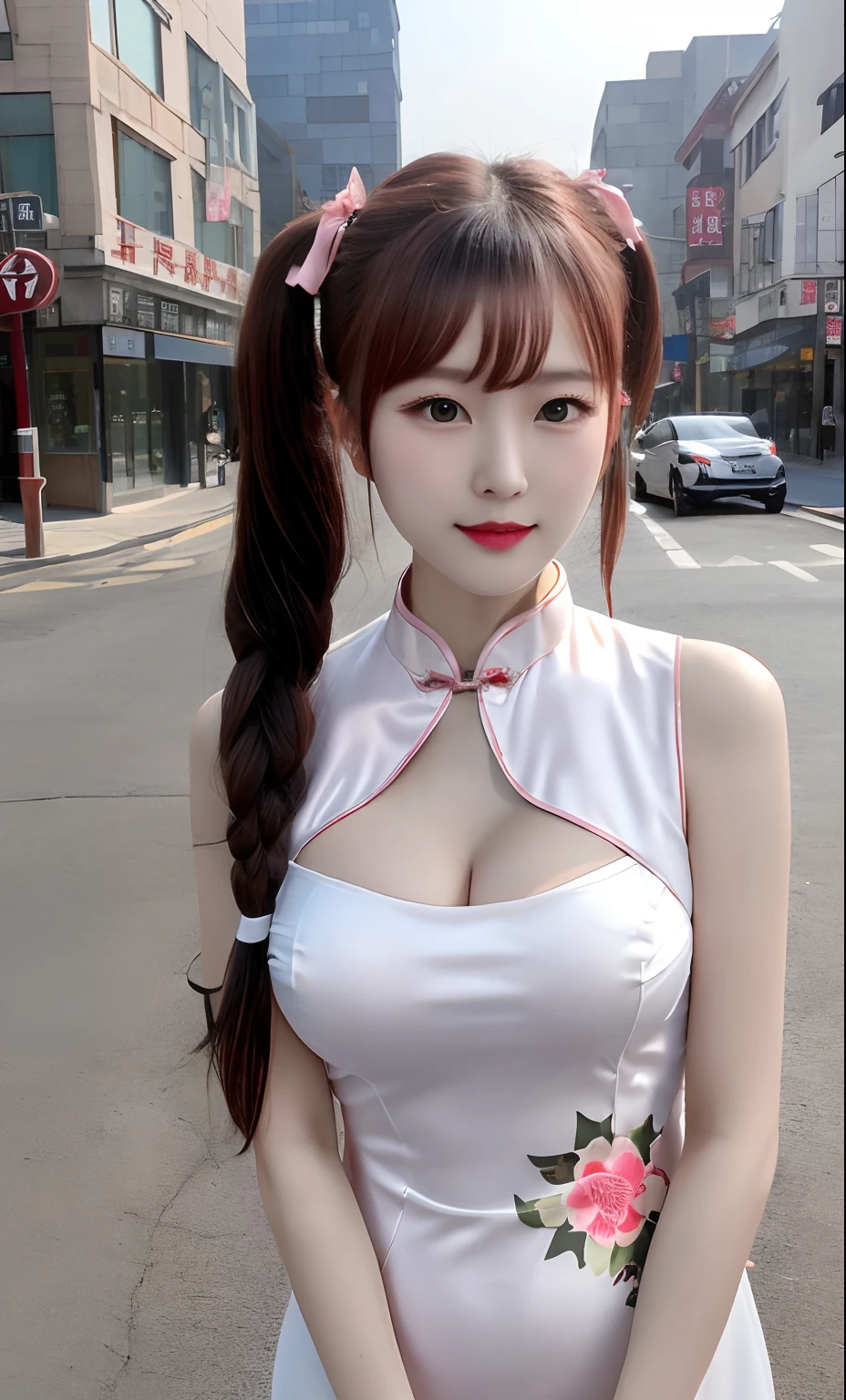 ((Best Quality, 8K, Masterpiece: 1.3)), cowboy shot, extremely Cute Beautiful Woman, 1 Girl, (Beautiful Breasts:1.3), (Abs, Slender Figure: 1.1), Sharp Focus, (((Intricate Details)), High Detail, Upper Body, One Girl, Black twin-buns Hair with bangs, chinese kanzashi, (white luxury satin cleavage cut-out evening Chinese dress:1.5), lace, detailed evening dress, 8K, 8K Resolution, clean detailed face, Detailed Body, Detailed Clothes, Sharp Images, hyper-sharp image, Japan Anime Concept Art, trending on Artstation, ((looking the viewer, facing the viewer, staring the viewer:1.3)), seductive sexy pose, ((seductive smile, light smile:1.25)), pink lipstick, bokeh, field of depth, 8.5 life size, 8k resolution, (shot on EOS 5D Mark IV, 35mm lens, f1.8), (ancient Chinese Street Background, no-human simple background, detailed background), ((frame the head:1.3), detailed human hands, perfect human hands, perfect anatomy, perfect proportion, ultra-sharp focus,