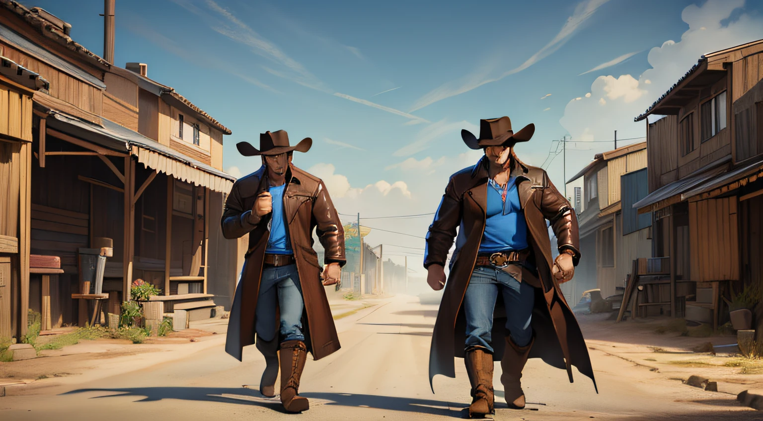 (4K, Best picture quality, A high resolution:1.1), (Masterpiece:1.1)Muscular man,blue-shirt, Brown leather jacket, long black jeans, Cowboy boots, revolver, Cowboy hat, Dark brown hair, short detailed hair, Brown eyes, Two cowboys