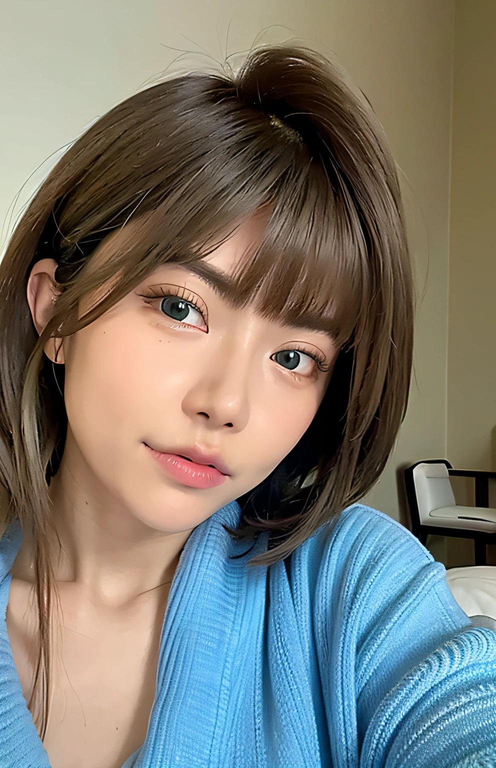 animesque、portraitures、One Person20Pretty Woman、Moisturized eyes、Casual clothing、a picture、oval jaw、beautiful countenance、The hair、Blue eyes with a beautiful glow、LDS Art