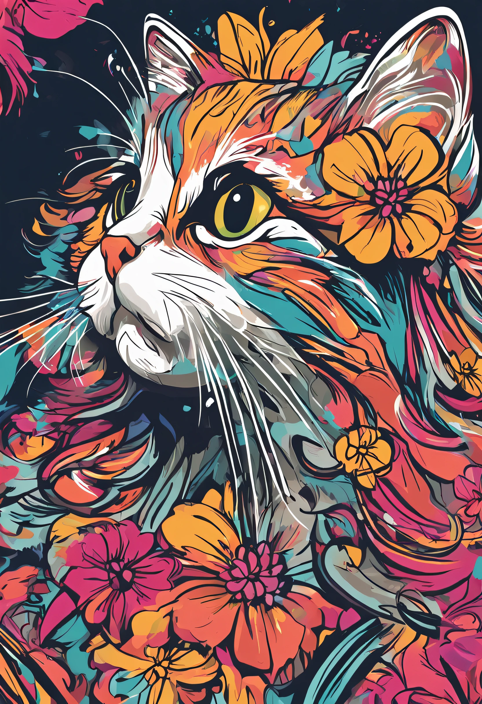 um close up de um Gatinho correndo em um fundo colorido, Gatinho digital, arte vetorial altamente detalhada, Jen Bartel, estilo de arte impressionante, estilo de arte vetorial, arte do Adobe Illustrator, Arte de Alessandro Pautasso, Arte vetorial HD, Horse, arte vetorial multicolorida, full-colour illustration, Bela arte UHD 4K, vibrant high contrast coloring, Gatinho bonito