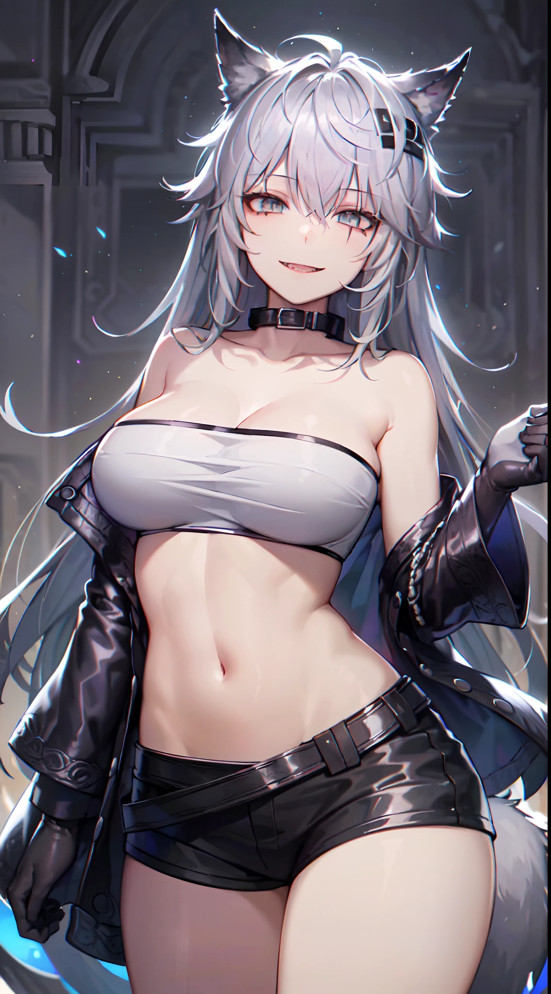 ((Best quality, Super high resolution, Masterpiece:1.3)), 1girl, Cowboy shot, head, (Long hair, White hair, Animal ears), Breasts, (White tube top, Sleeveless, Shoulderless, Strapless, Navel:1.2), Beautiful eyes, Evil smile, (Highly detailed skin), (Detailed face), Detailed eyes, Nice hands, Perfect hands