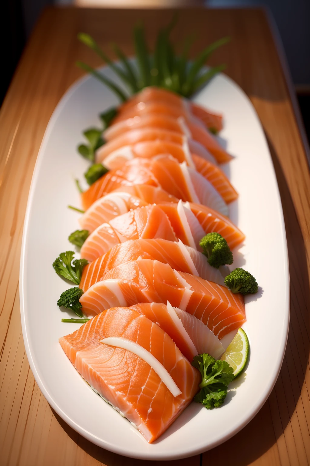 Salmon sashimi，Food pictures，Realisticstyle，45 degree angle overhead shot，Close-up close-up，The background is the dining table。