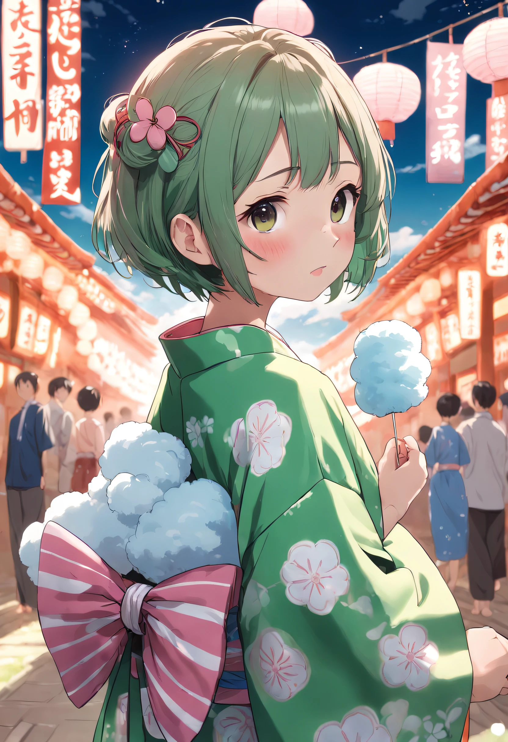 Short-haired girl in yukata enjoying cotton candy at a festival。Hair color is green。Cute yukata design and、Express your image in a cute pose。