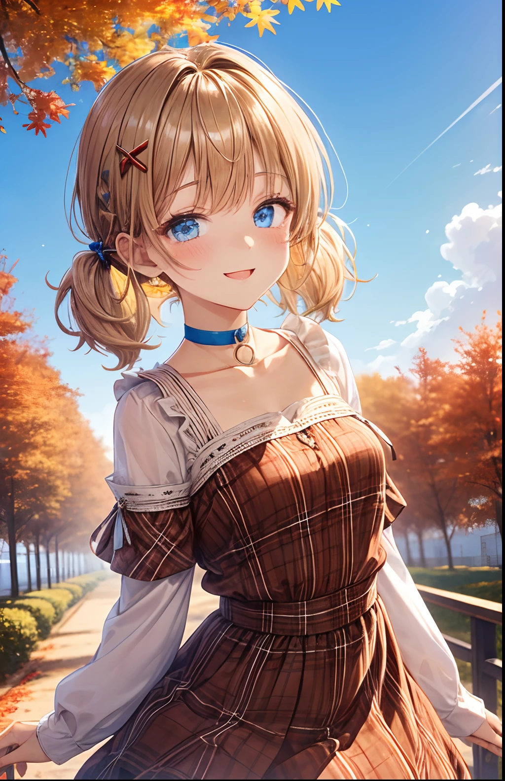 absurderes, ultra-detailliert,bright colour, extremely beautiful detailed anime face and eyes, view straight on, ;D, shiny_skin,25 years old, Short hair, , asymmetrical bangs, Blonde hair with short twin tails, Shiny hair, Delicate beautiful face, red blush、(Deep Blue Eyes:1.3), White skin, hair clips, (Brown plaid dress:1.4)、Happy smile、I closed one eye、Slender body、(Blue sky in autumn:1.2)、(sun light)、a choker、