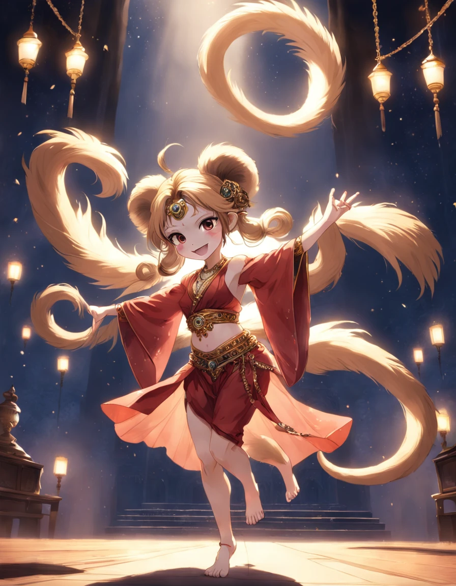 hyper detail illustration, Dynamic Angle, Smiling dancer, belly dance, transparent shawl, Delicate hair accessories, Elegant earrings, Extra detailed face,Little monkey ears,monkey tail, Clear eye detail with reflections, Crepuscular Rays, Rembrandt lighting, Dust lamps, blond hairbl, double tails, from rear, double tails, Red suit, double tails, Perfect Finger, double tails, Jumps, double tails, masutepiece, Best quality, Anatomically correct, high detal,Background on camt on chair