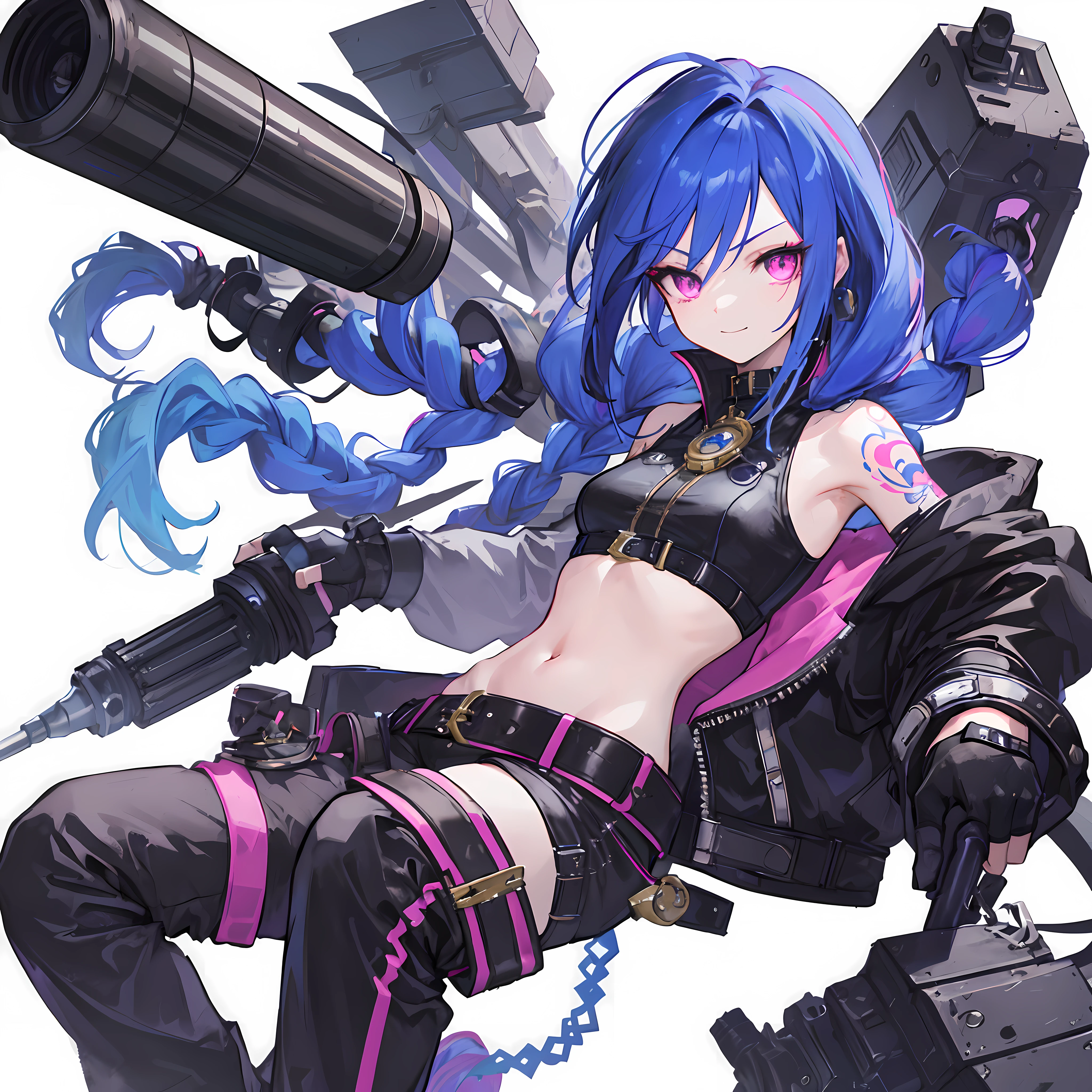 (best quality:1.2,masterpiece:1.2,ultra detailed,hires),
jinx (league of legends),(best quality:1.2,masterpiece:1.2,ultra detailed,hires),1girl,upper body,small breasts,
blue hair,long hair,twin braids,very long hair,bangs,arm tattoo,stomach tattoo,pink eyes,
black leather,cortex armlet,crop top,midriff,bare shoulders,black fingerless gloves,black,cortical neck ring,
boots,pink striped pants,belt,brown footwear,
weapon,rocket launcher,gatling gun,
looking at viewer,smile,