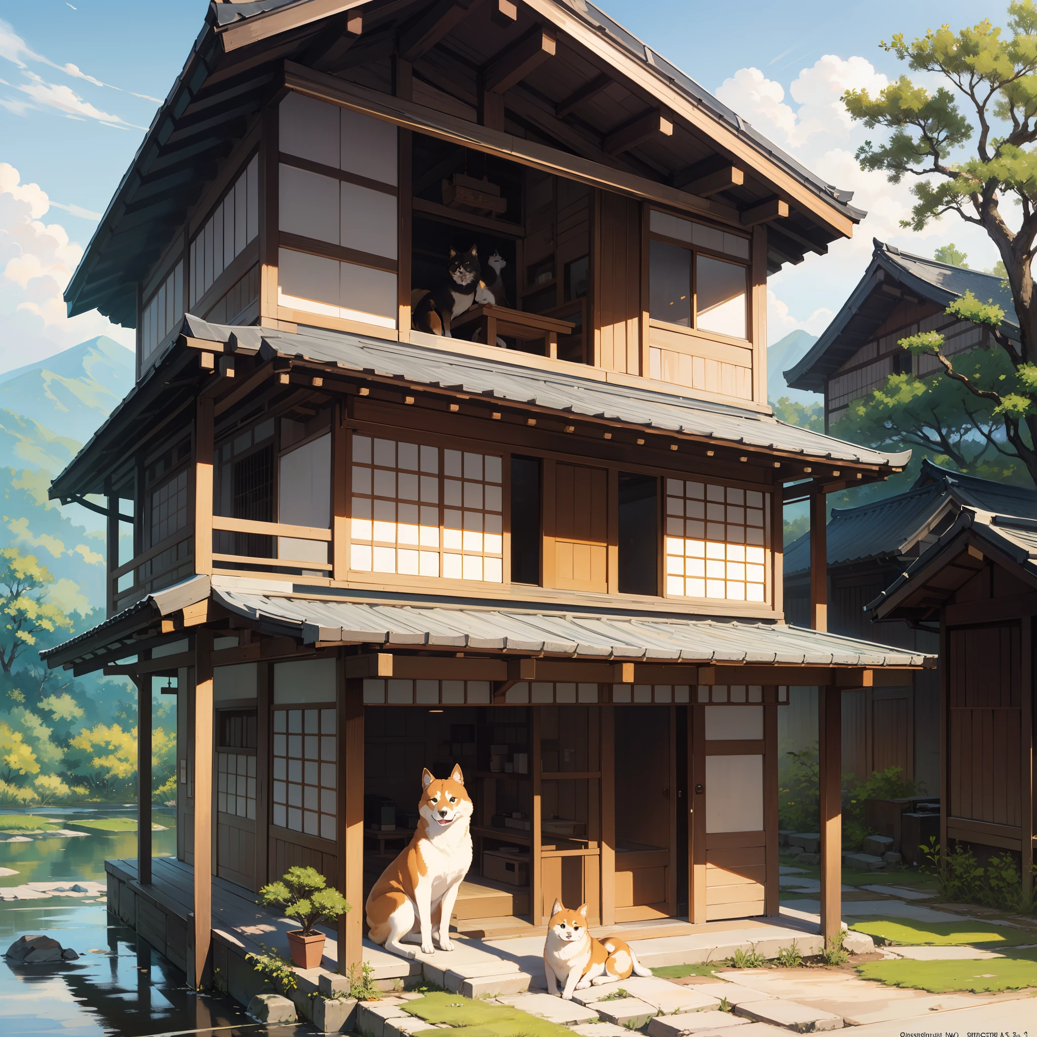 Cats with missing stretches:1.8,Relaxing Shiba Inu:1.8,Shiba dog:1.8,Scenery of the old Japan,Japanese houses:1.8,rice paddy:1.8,Japan countryside:1.8,Plowing the field:1.8,dynamic angle,low angle,full body shot,medium shot,Countryside,landscape in Japan:1.8,Landscape painting,no humans:1.8,4K, (Raw photo: 1.2), (Realism: 1.4), (masutepiece: 1.3), (exquisite detailing: 1.2), Delicate and beautiful details, (Eye Detail), (Facial Detailed), (Highest Quality) :1.4), (Hyper-Resolution: 1.2), cinematric light, (very detailed illustration), (Best Quality, Super Resolution, depth of fields, Wide light, natural shadows