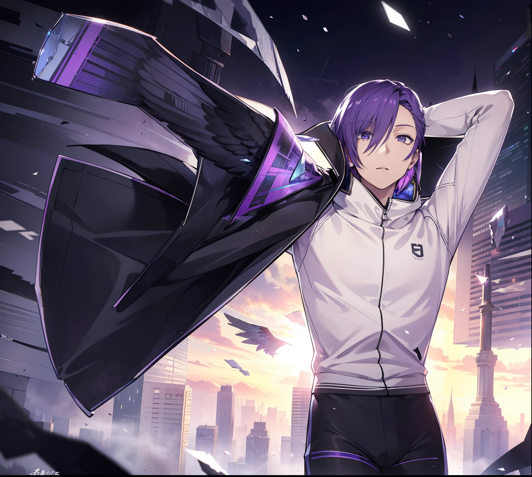 Jacket,pants,scarf,broken mirror ground, overlook, large scene of city, flying glass debris and paper fragments, flying stones, ((strong winds)), ruins, science fiction, complex details, and high quality,1boy,Anime, Junior, Purple hair, Beauty, Neutral Beauty, Sportswear, Black material around you, Black Wings