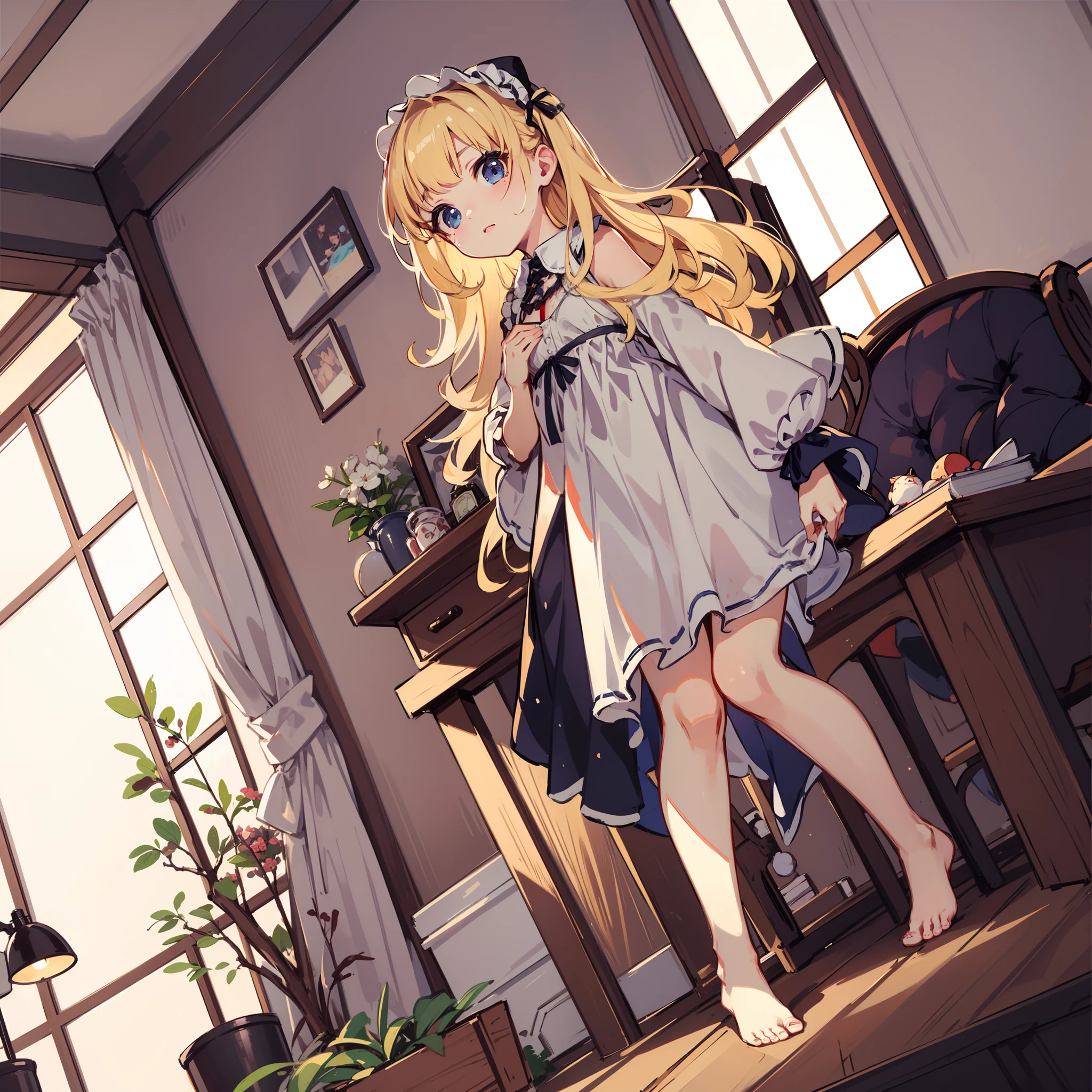 very cute female child:1.1,10 yo,action:1.6,Gothic Lolita:1.8,dutch angle shot,dynamic angle:1.6,ground-level shot,low angle,full body shot,medium shot,Barefoot,livingroom:1.5,Summer,day, Long hair,flat chest,Wind,Drooping sweat:1.1,(4K), (Raw photo: 1.2), (Realism: 1.4), (masutepiece: 1.3), (exquisite detailing: 1.2), Delicate and beautiful details, (Eye Detail), (Facial Detailed), (Highest Quality) :1.4), (Hyper-Resolution: 1.2),(very detailed illustration), Best Quality,depth of fields, Wide light, natural shadows