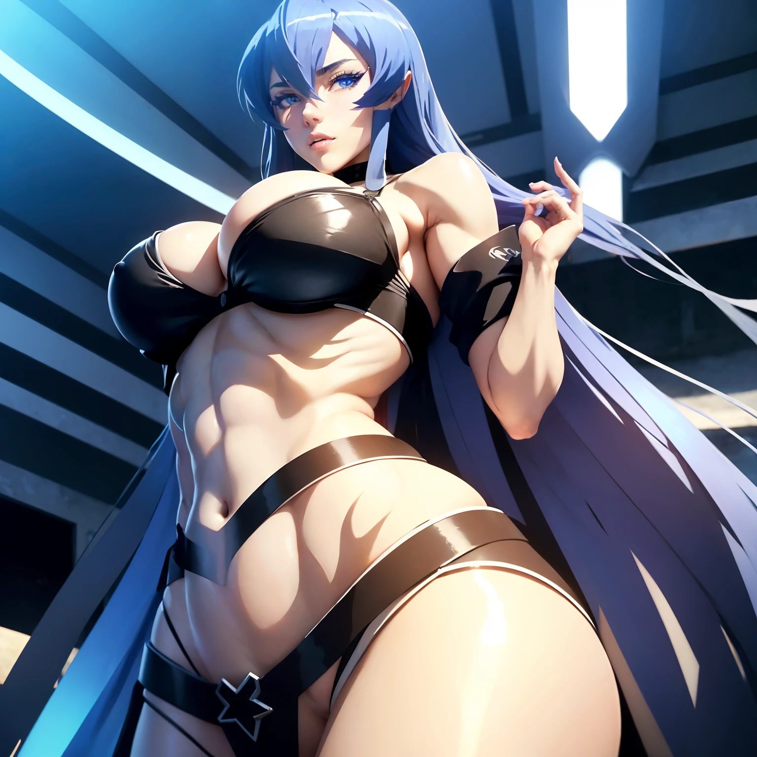 (masterpiece), best quality, expressive eyes, perfect face, Esdeath from Akame ga killin sexy bikini 30 year old women seductive body medium breasts medium thigs facing towards screen curvy body long hairs scar on chest parted lips Lockhart feminine figure body in bikini, beautiful expressive eyes , 4k backlighting smirky face full sexy body