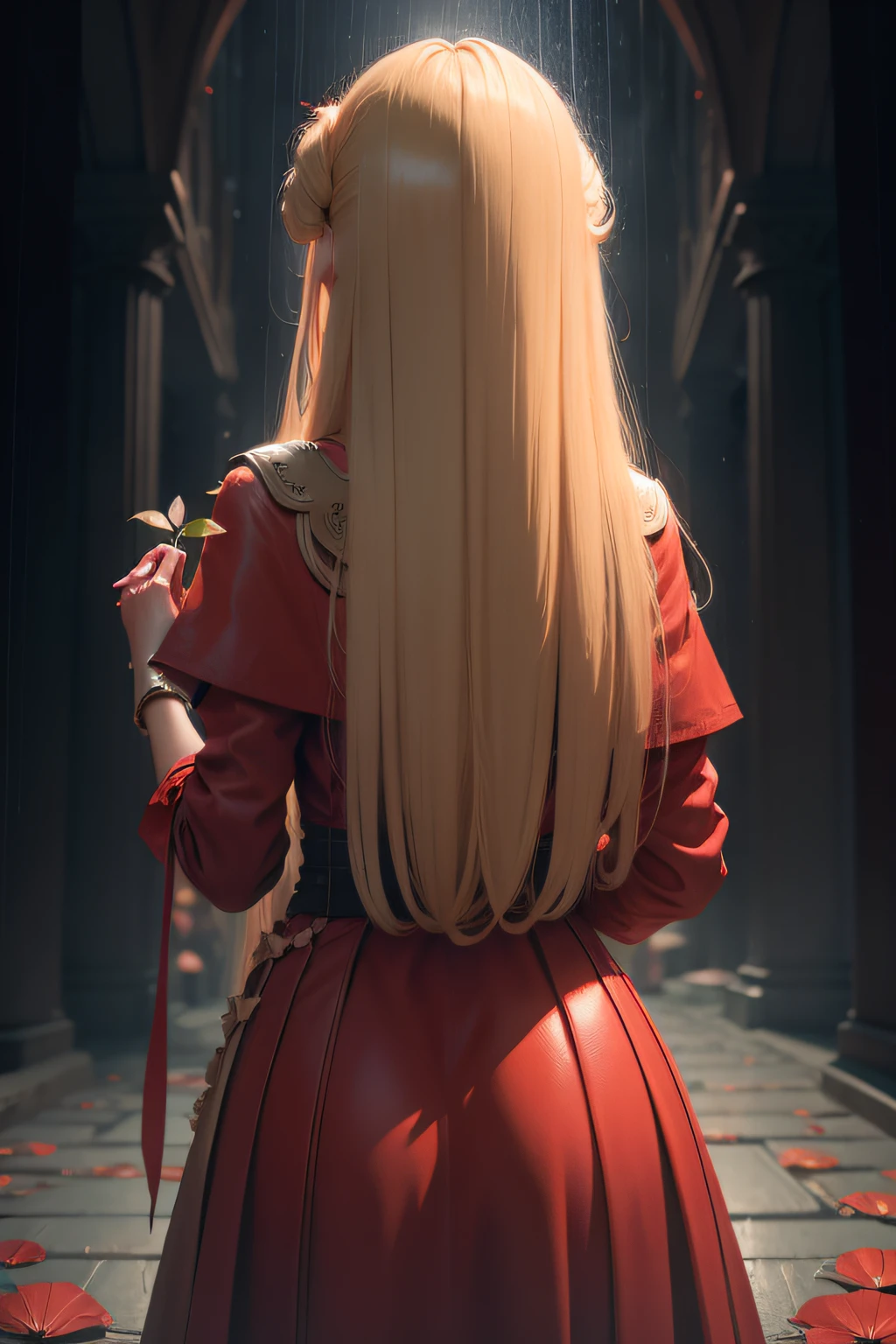 female back facing, long blonde hair, holding red umblella in right hand ,raining, Surrealism, drop shadow, anaglyph, stereogram, tachi-e, pov, atmospheric perspective, 8k, super detail, curate, best quality