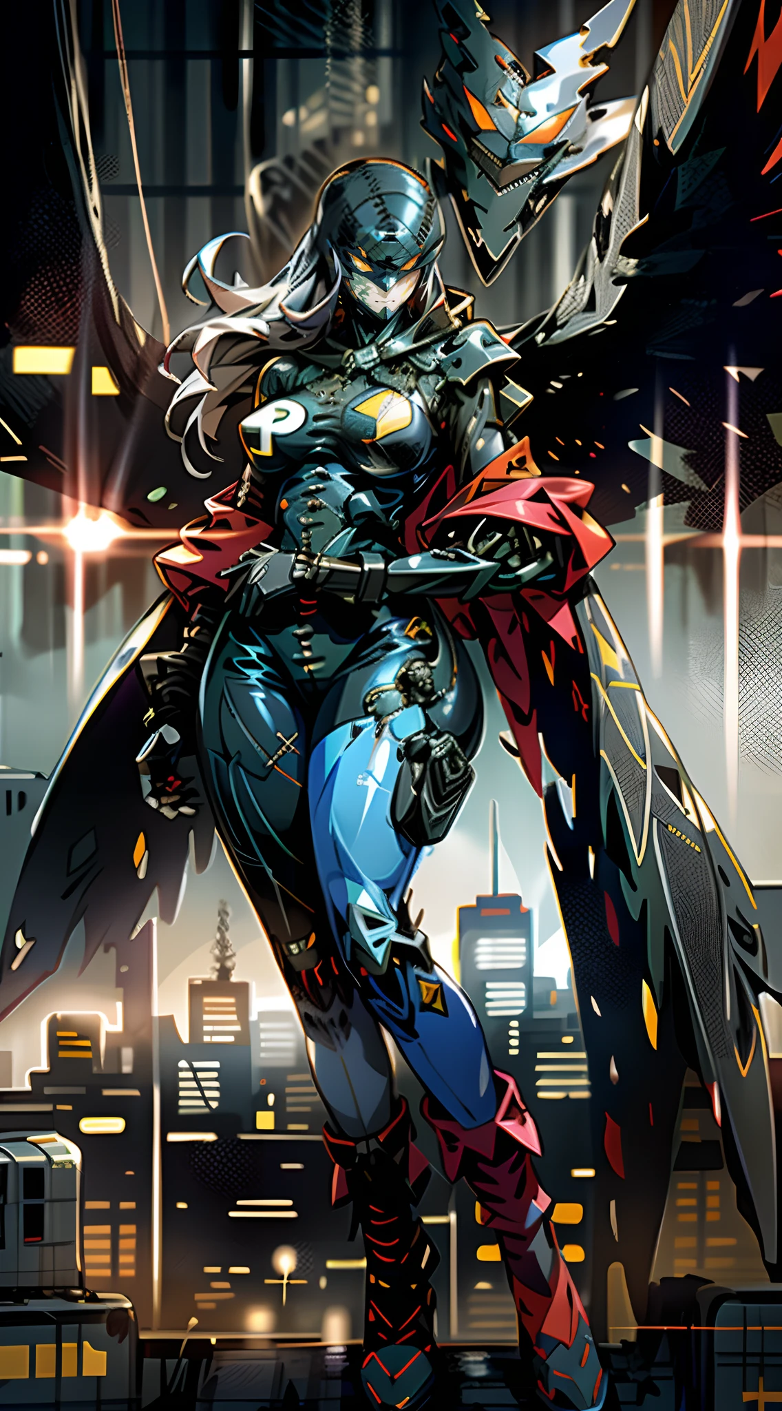 Mecha,Thick mech,Lots of detail,Mix and match,metalictexture,urban backdrop,Combat damage mech,Above the city,looking over city,Punch,Evil smile,Huge bust,nakeness,Large amounts of colored liquid,flying into the sky,Full body like