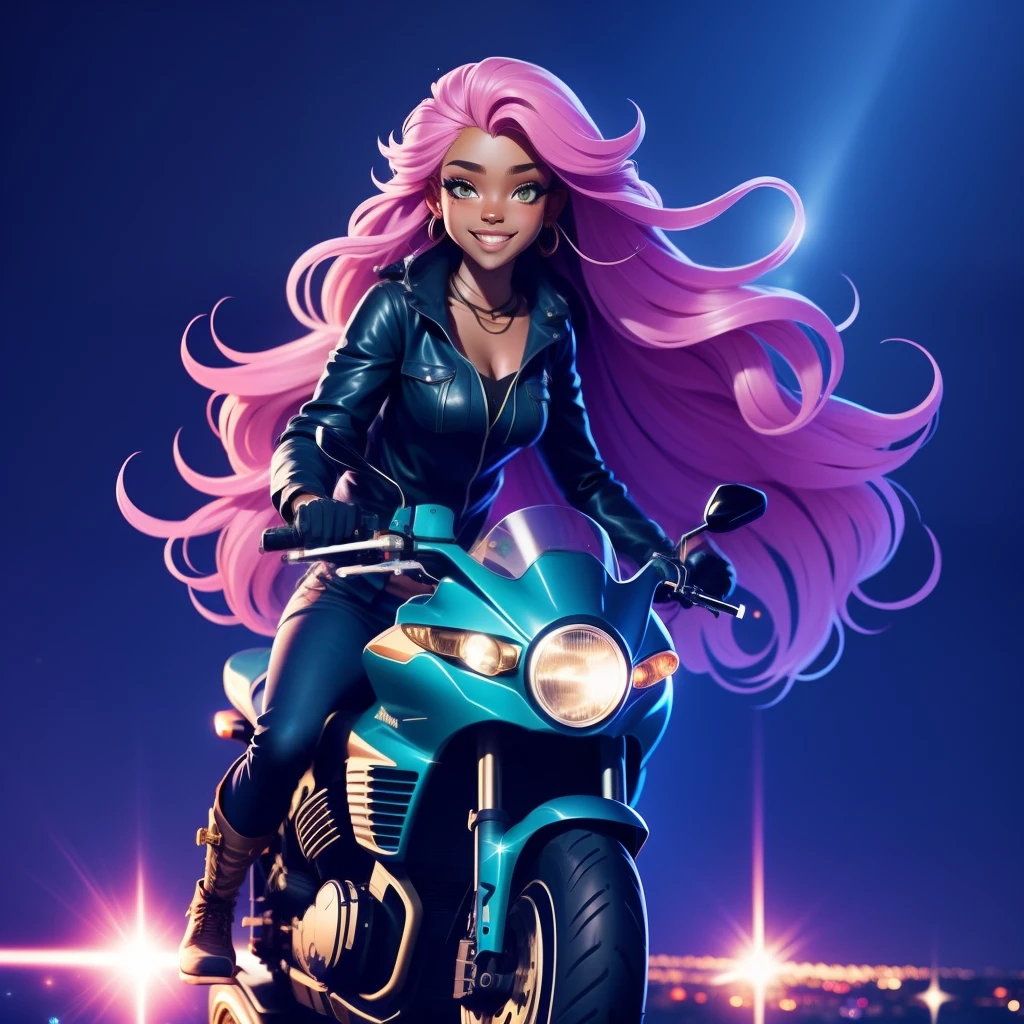 Pretty brown skin girl, hippie clothes, riding motorcycle, long hair, epic pictures, high quality pictures, sparkling pictures, in the city night vision, sparkling stars