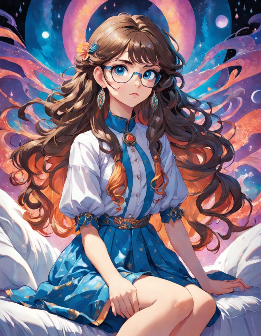 (masterpiece:1.3), best quality, official art, magazine cover, ultra detailed, 1girl, 1980s \(style\), elegant dress, living room, sitting on sofa, long hair, curly hair, brown hair, blue eyes, glasses, jewelry, art by [Aaron Horkey|Lisa Frank],