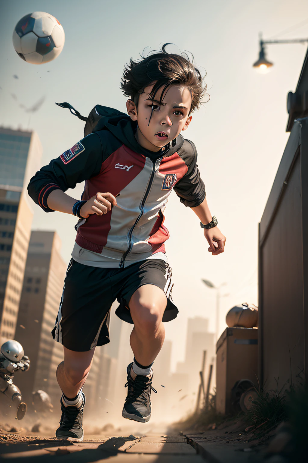 create an photo realistic image of a boy running from robots that are trying to kill him in the future of year 3017