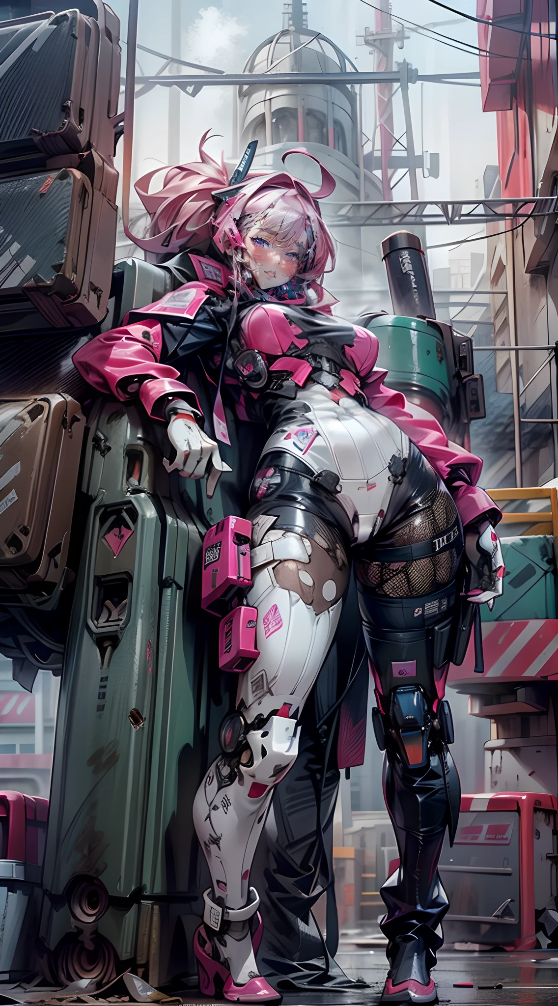Mecha,Thick mech,In pink,red colour,black in color,white colors,purpleish color,Lots of detail,Mix and match,metalictexture,Ruined city,Dirty streets,Combat damage mech,Full body like,Huge bust,Take to the skies,nakeness,Large amounts of colored liquid