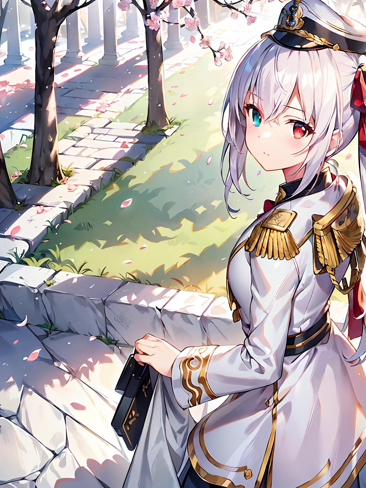 Blush stickers,Epaulettes,Pale skin,white_hair,Twintails,looking at viewer,Standing,Peaked cap,military uniform,cowboy boots,cherry blossoms,nature,sunny,afternoon,in autumn,heterochromia,Cinematic Lighting,anime,fate grand order,game cg,huge_filesize ,scenery,anime coloring,(((masterpiece))), (((best quality))), ((ultra-detailed)), (illustration), (detailed light),((an extremely delicate and beautiful)),dramatic_shadow,ray_tracing,((masterpiece)), (((best quality))), ((ultra-detailed)), ((illustration)), dynamic angle