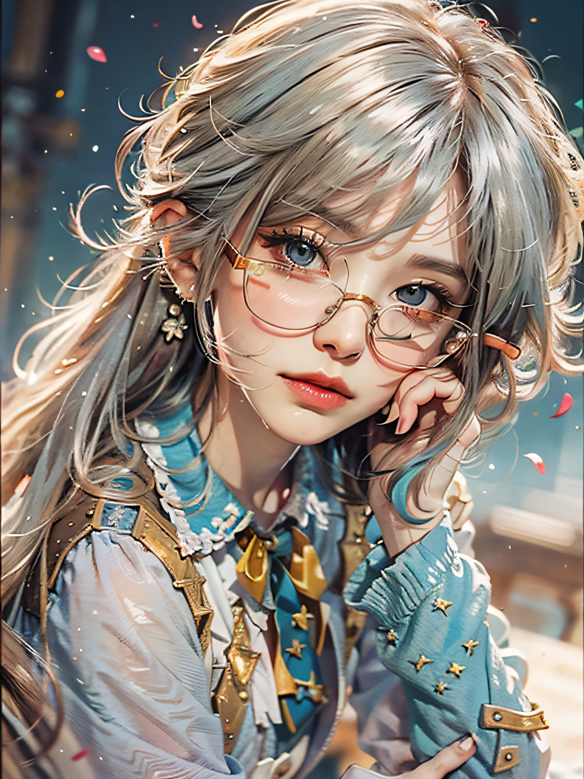 Logo melon seed face,Light eyebrows,The eyes are large but always squinted into a slit,The tiny nose is framed with a pair of light blue rimmed glasses,A pair of sharp mouths is a barometer of her mood,Twitter when you're in a good mood,When you're in a bad mood, skim into an arc。Petite shape,The peculiar coquettishness of girls,A childlike look,Make people feel loved。Hard work is her quality,((best qualtiy)),((tmasterpiece)),((Realistis)),((Realistis)