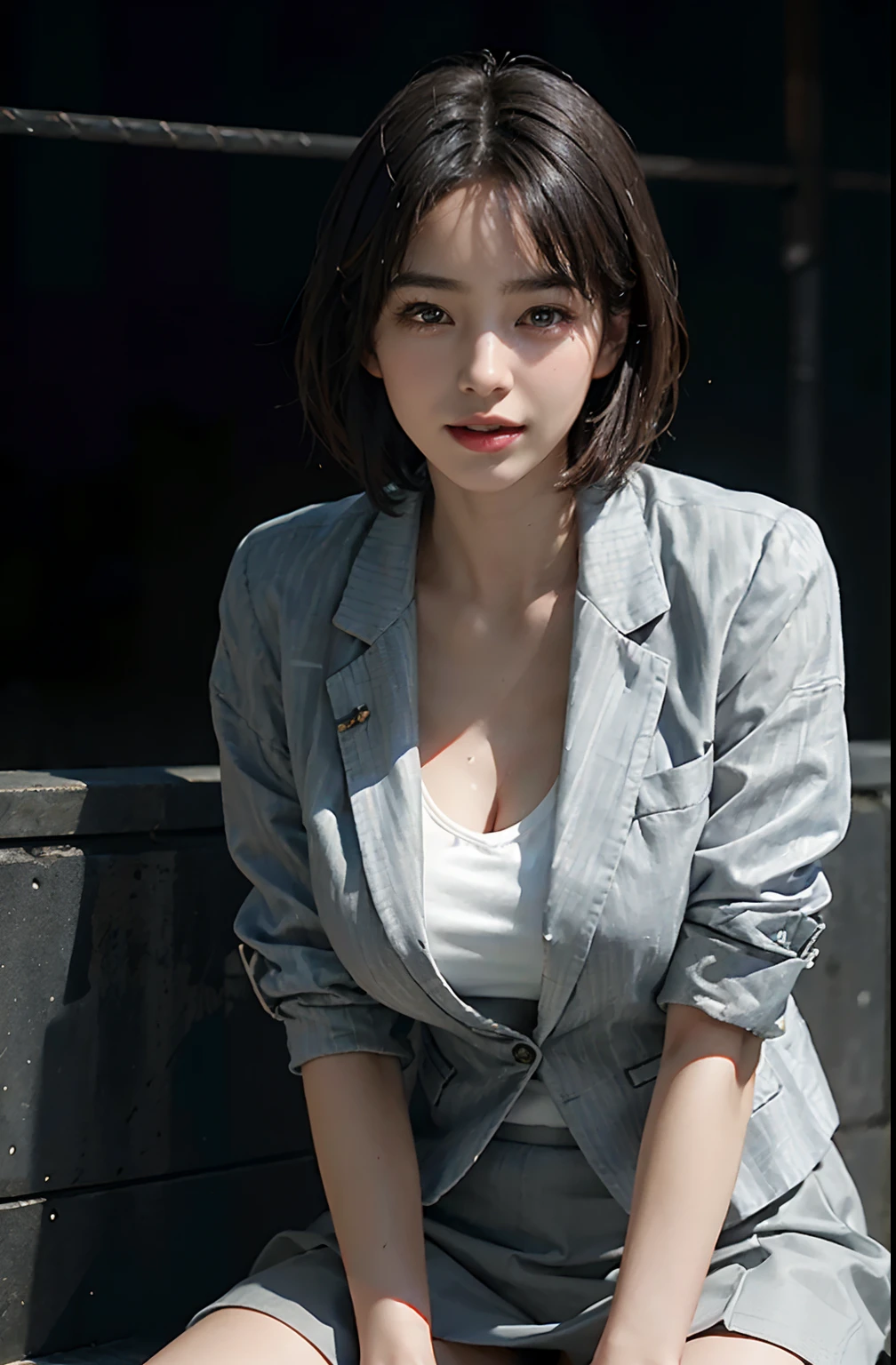 (A hyper-realistic), (illustratio), (hight resolution), (8K), (ighly detailed), (The best illustrations), (beatiful detailed eyes), (top-quality), (ultra-detailliert), (​masterpiece), (wall-paper), (detailed face), droopy eyes,full of sweat, whole body, full body, long legs,Armpit,short-hair,inner colored,solo, big ??????, cleavage, japanes, Colossal ????、A smile, wearing grey blazer, grey short skirt, office uniform, street with neon lights